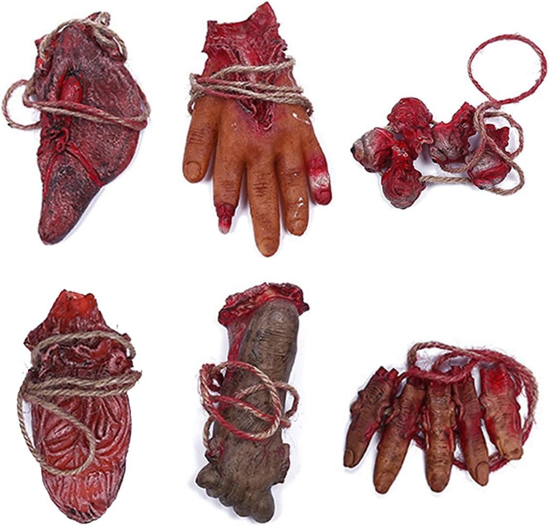 XONOR Halloween Fake Bloody Severed Hands Feet Broken Body Parts for Haunted House Halloween Zombie Party Decorations (6 Pcs)