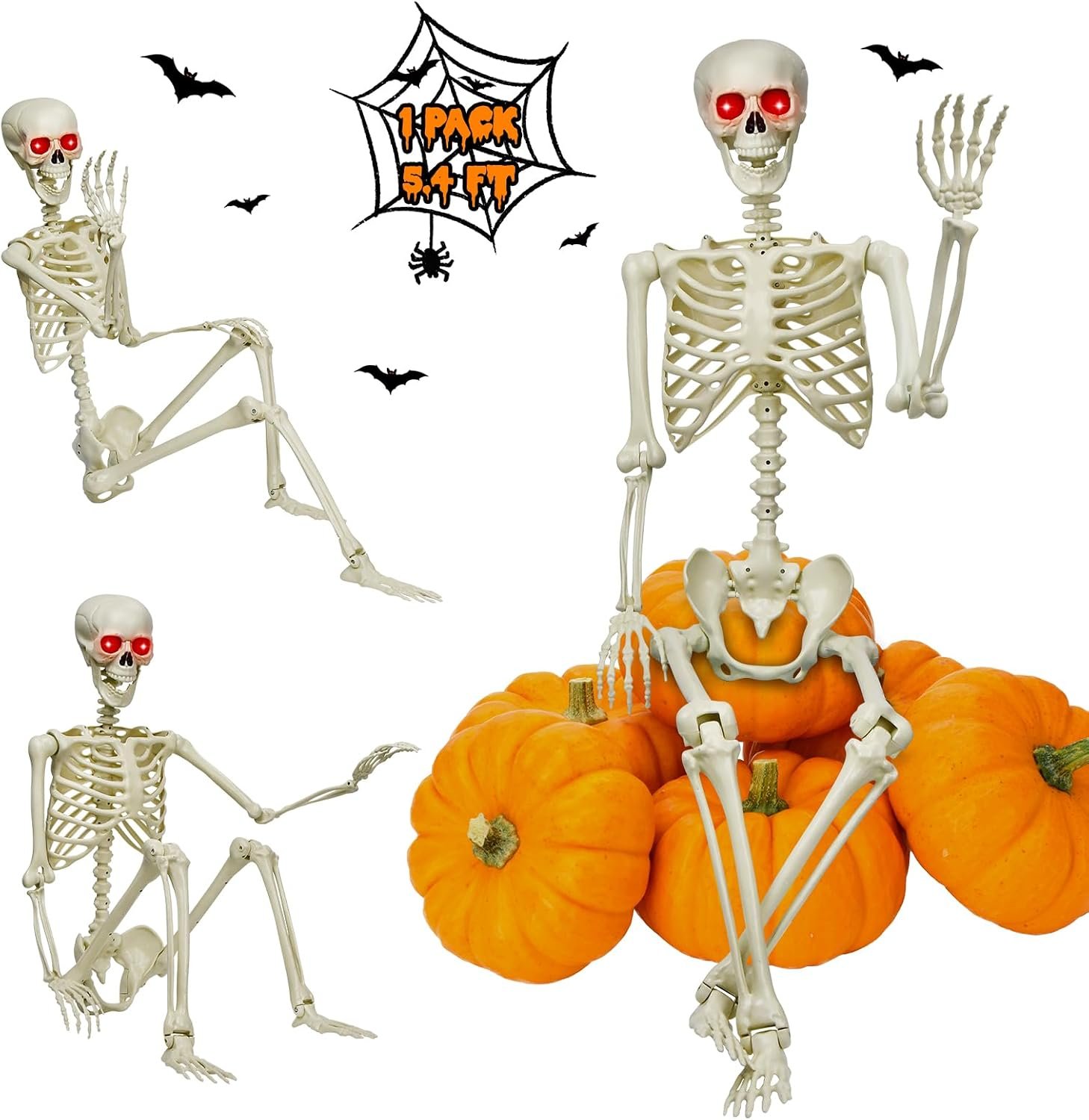 5.4Ft Life-Size Halloween Skeleton Decor – Full Body Realistic Human Bones with Posable Joints, Durable Outdoor/Indoor Poseable Skeleton Prop for Haunted House, Yard, Party Decoration (white, 5.4FT)
