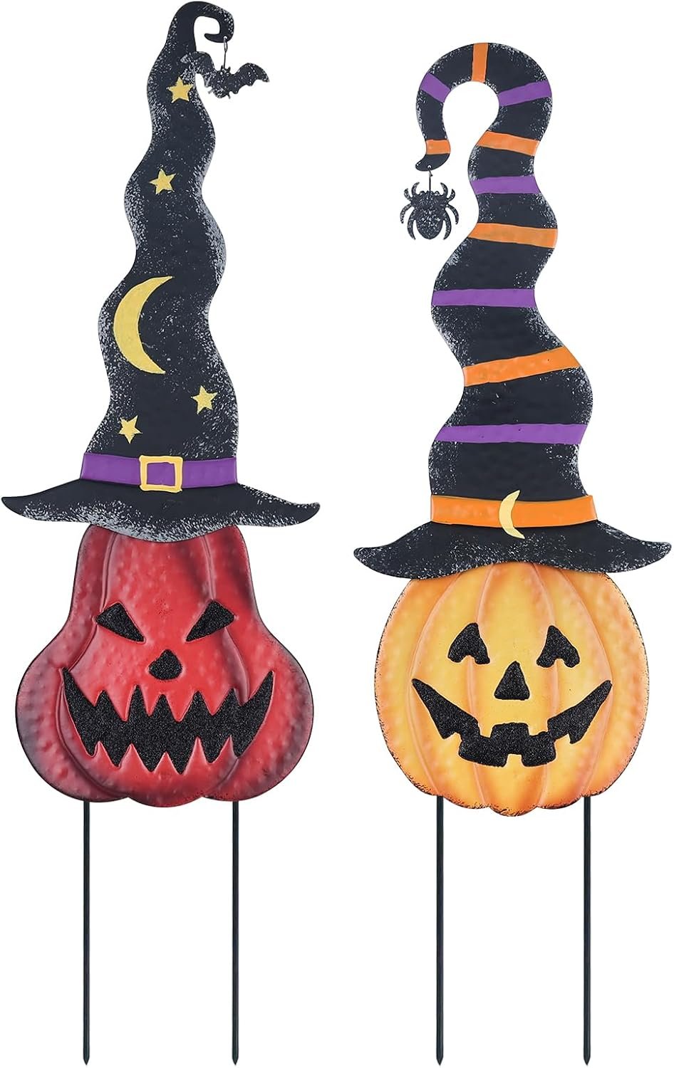 YEAHOME Halloween Decorations Outdoor, 2 Pack Metal Pumpkin Garden Stakes with Witch Hats for Halloween Decor, Jack o’ Lantern Pumpkin Yard Signs for Outside Garden Lawn Patio Party Decorations