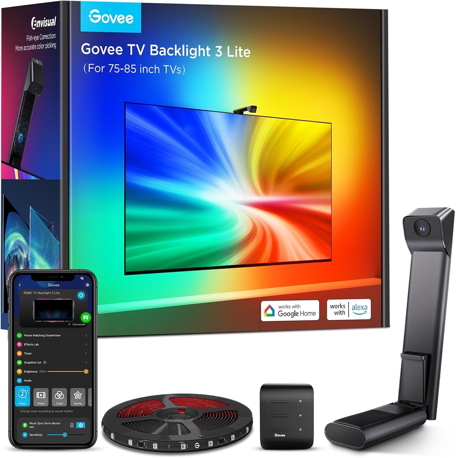 Govee TV Backlight 3 Lite, 16.4ft LED Strip Lights Sync with 75-85 Inch TVs | Upgraded Camera with Fish-Eye Correction Function, RGBICW Screen Sync Lighting, 4 Colors in 1 Lamp Bead, Voice & APP Control