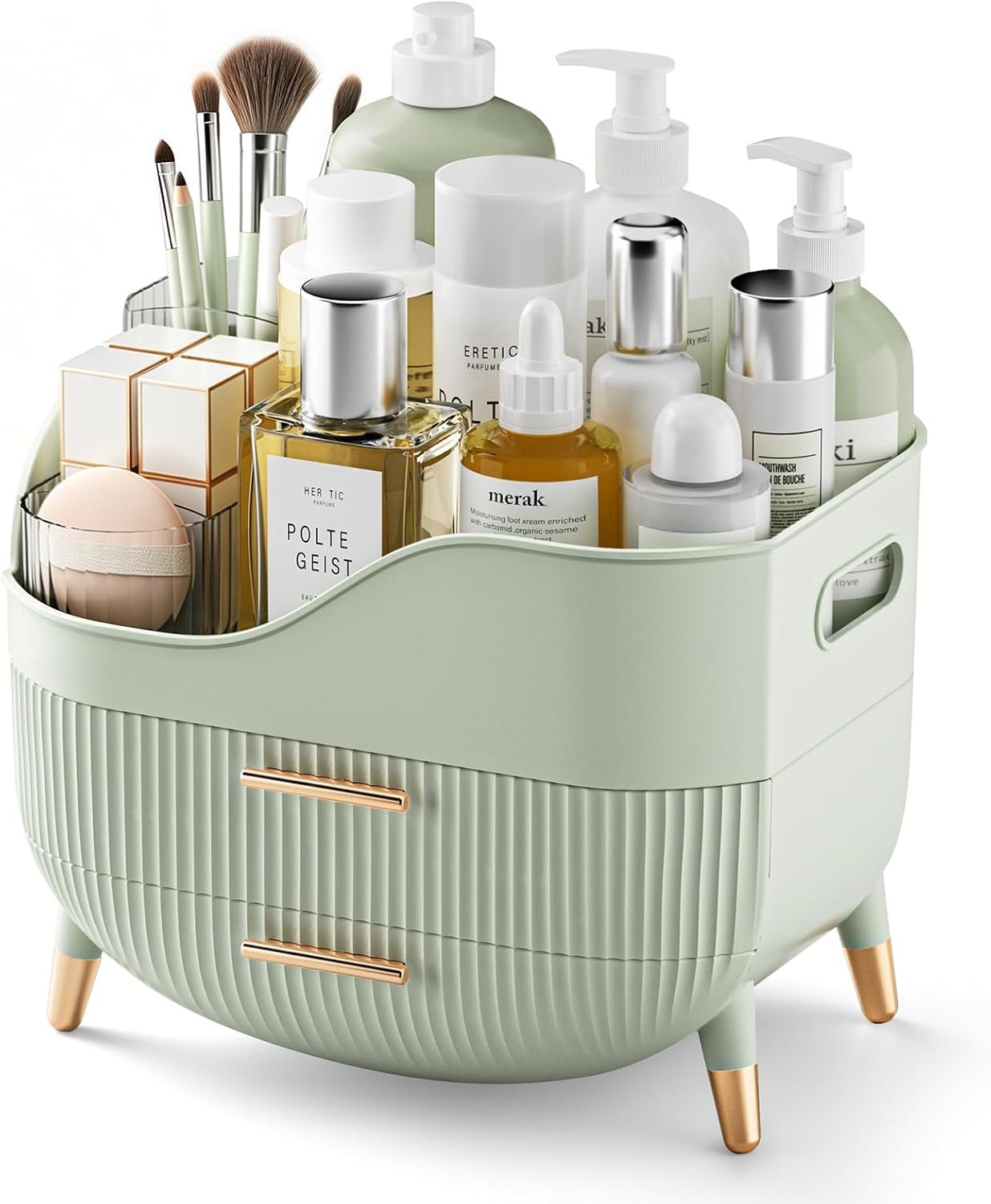 Pajiriona Makeup Organizer with Drawers, Green Skincare Organizer for Vanity, Storage Box with Handle, Large Cosmetic Display Case for Dresser, Bathroom Countertop