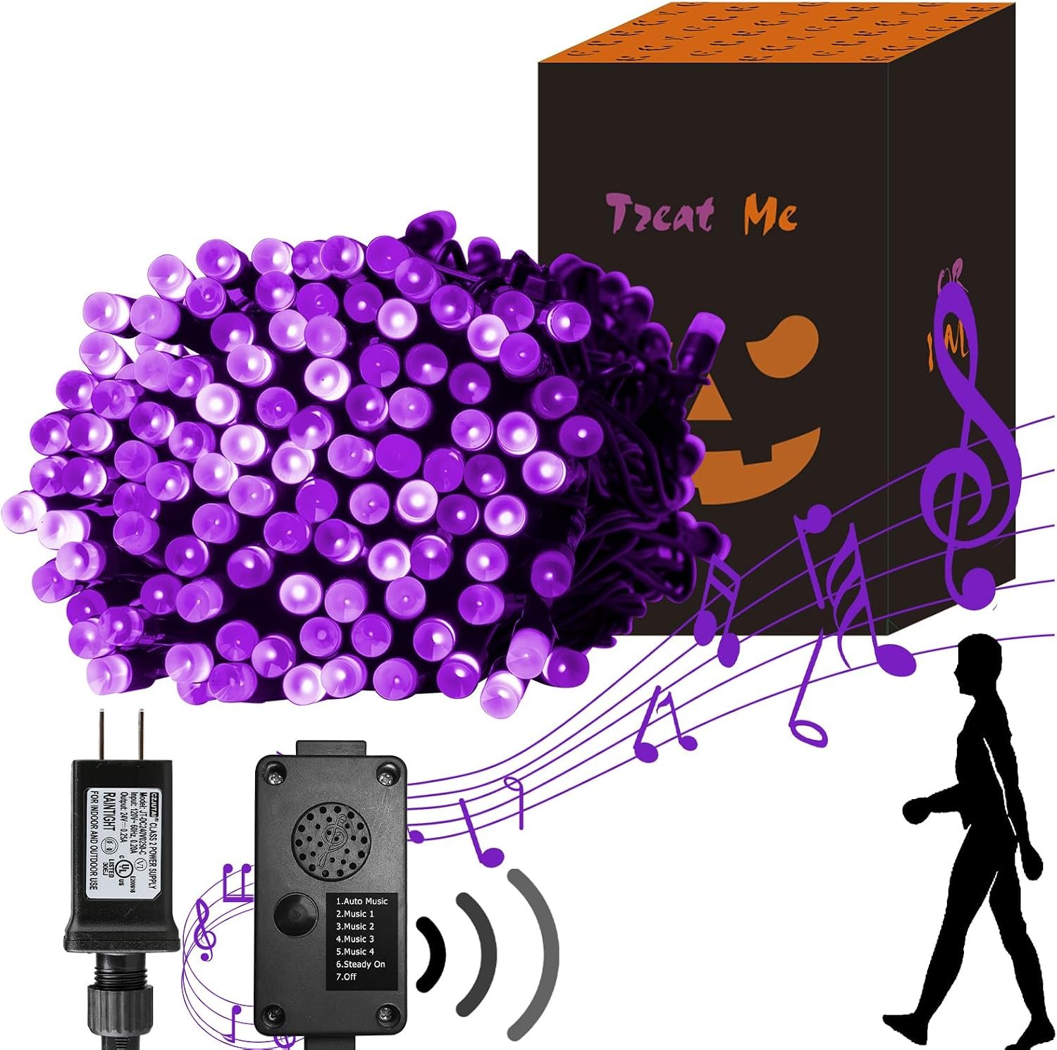 PEIDUO Halloween Decorations Outdoor, 82 FT 200 LED Purple String Lights, Motion Sensor Controller Sync with Spooky Music, Twinkle Fairy Lights for Outside Indoor Party Bedroom Halloween Decor