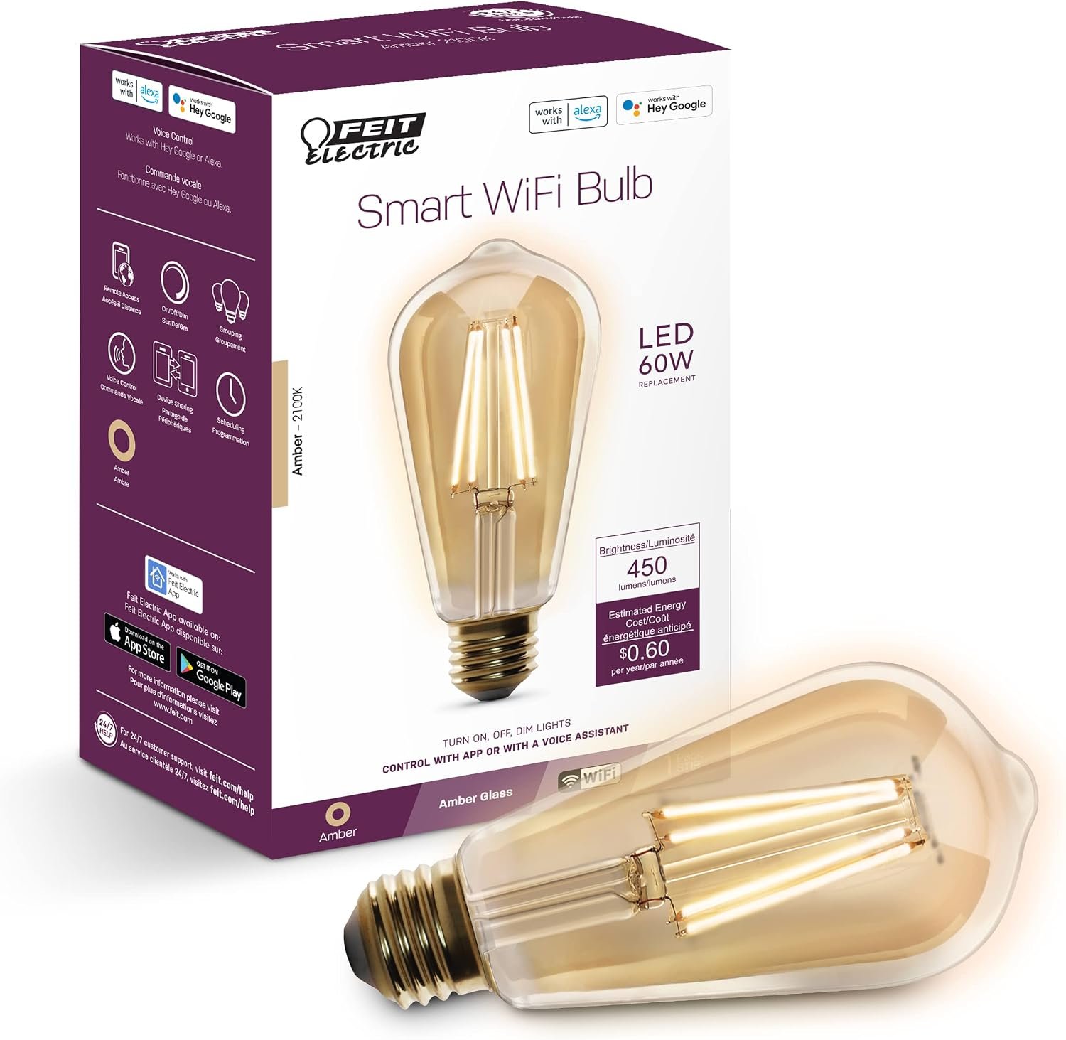 Feit Electric ST1960/FIL/AG 60 Watt Equivalent WiFi Dimmable, No Hub Required, Alexa or Google Assistant ST19 Edison Vintage LED Smart Light Bulb, Yellow, 5.4″ H x 2.5″ D, 2100K Amber