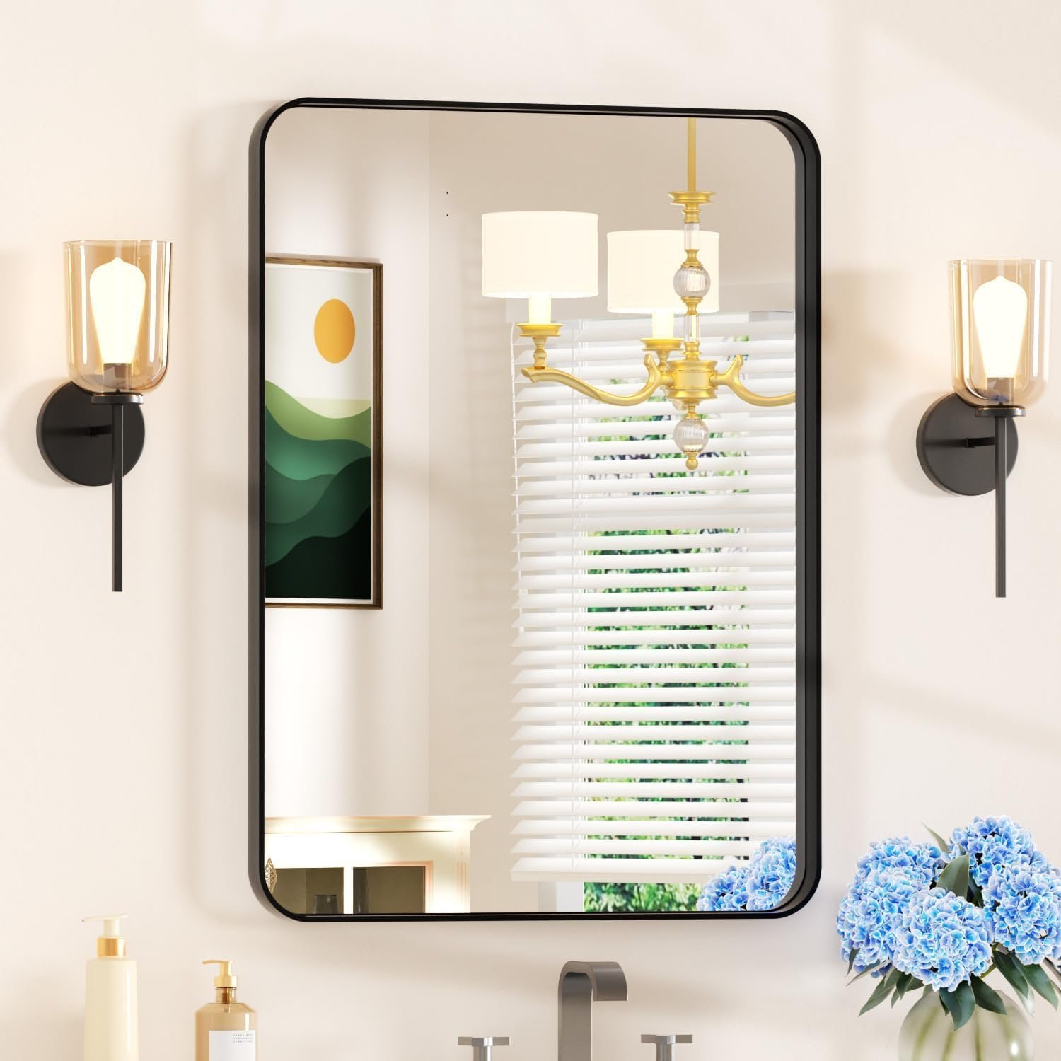 22×30 Black Bathroom Mirror for Over Sink – Rectangular Bathroom Vanity Mirror for Wall with Rounded Corners & Metal Frame, Tempered-Glass, Modern, Farmhouse, Horizontal/Vertical, Bedroom, Entryway