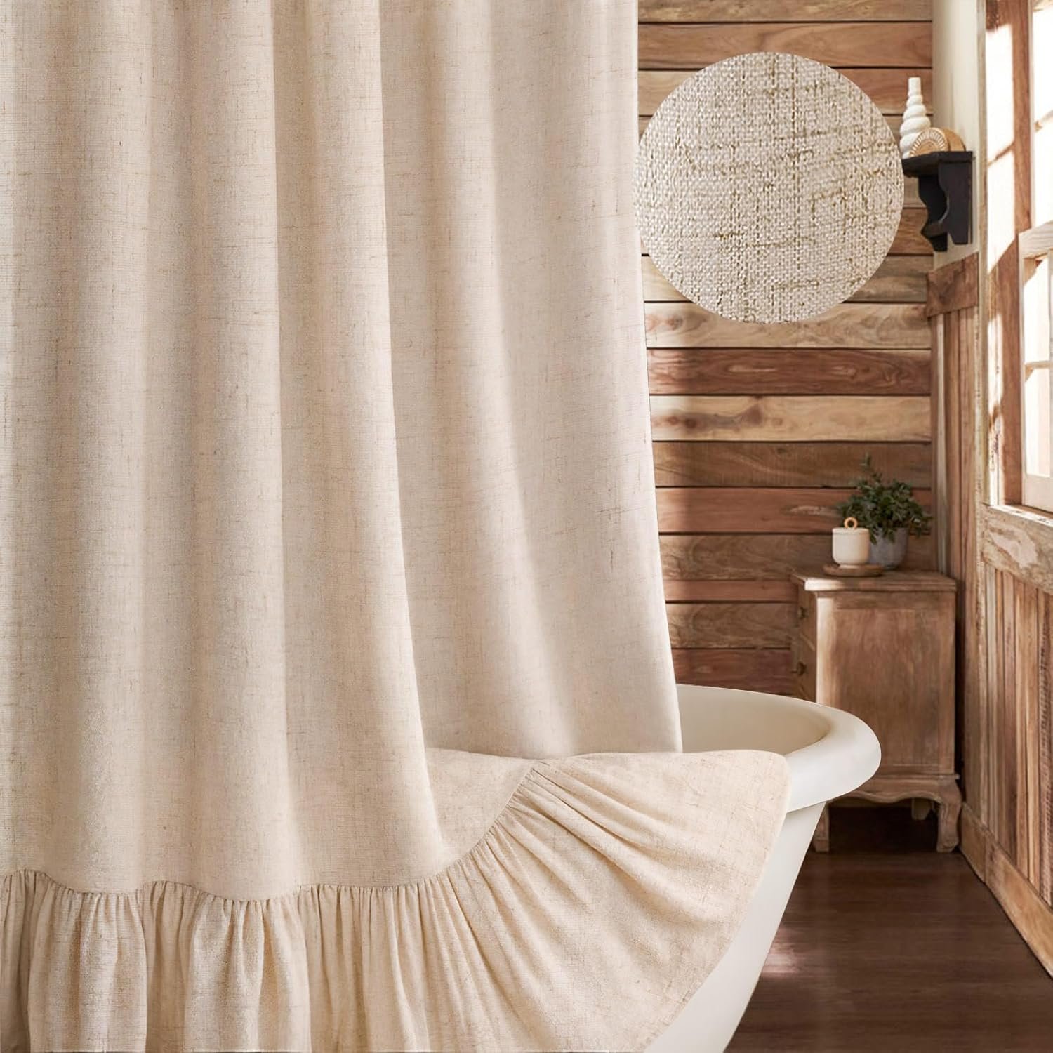 Farmhouse Shower Curtain with Ruffle Hem Linen Beige Shower Curtains for Bathroom Boho Country Rustic Natural Fabric, 72″ W x 72″ L