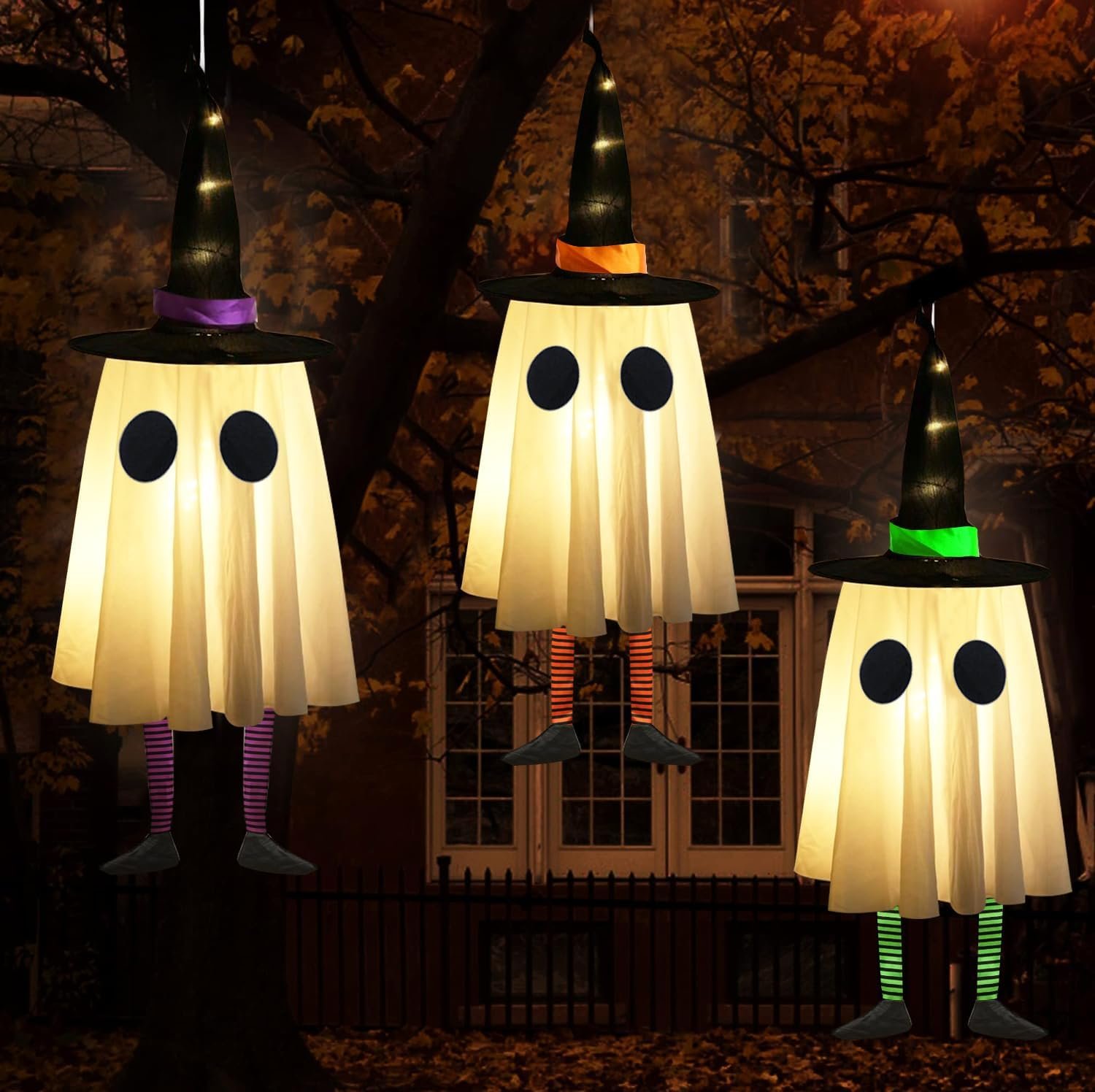 Halloween Hanging Ghosts, Halloween Ghost Decor with Witch Hat for Outdoor | Set of 3, Unique Ghost & Witch Fusion Design, Indoor and Outdoor Use, Cute and Spooky Design, Soft Lightweight Fabric