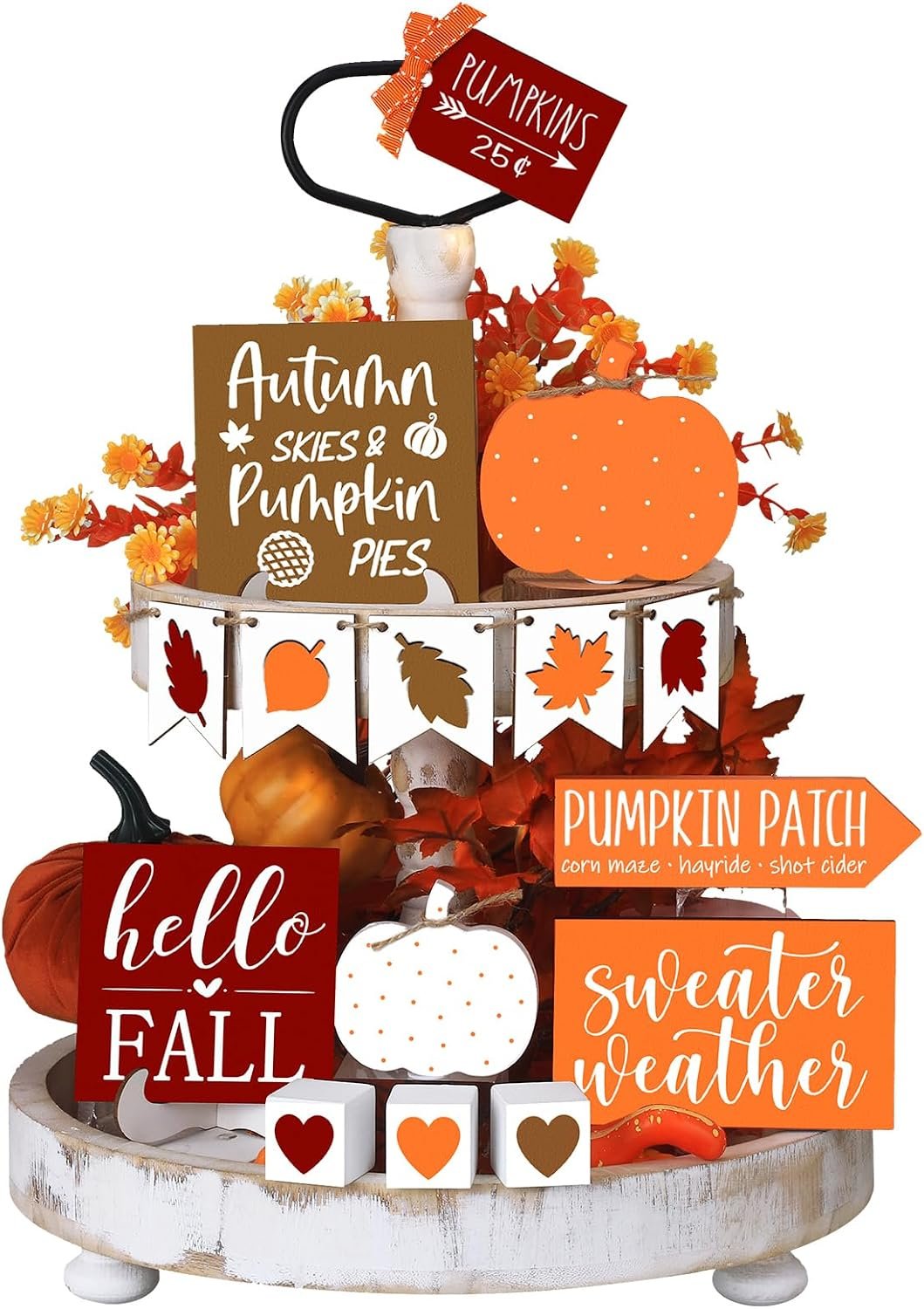 Sumind 15 Pcs Fall Decorations for Home Tiered Tray Set Decor Maple Pumpkin Wooden Signs Thanksgiving Table Signs Rustic Farmhouse Tabletop Centerpieces for Autumn Harvest Decor(Autumn)