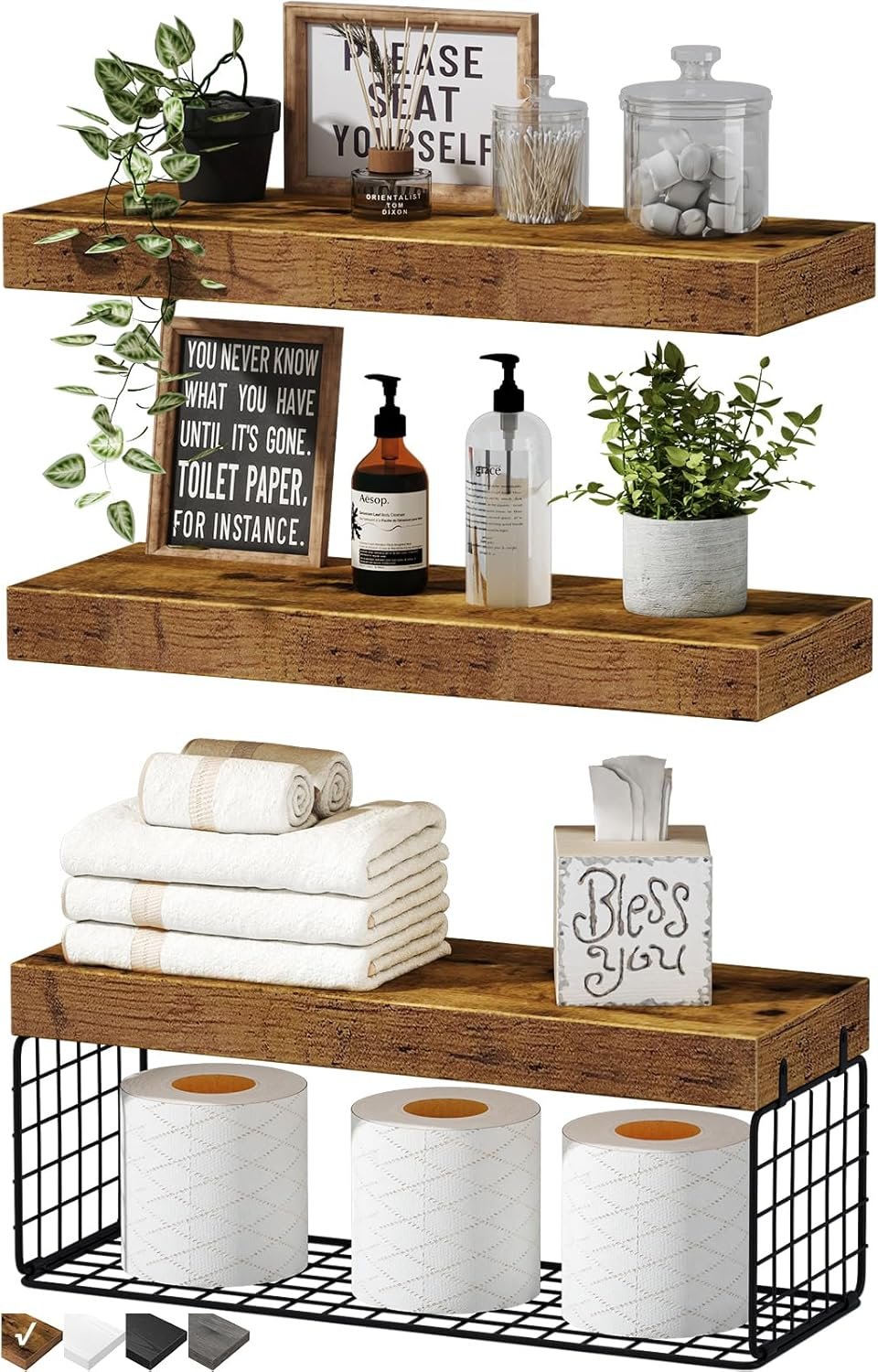 QEEIG Bathroom Shelves Over Toilet – Wall Mounted Floating Shelves Toilet Paper Storage Small Farmhouse Decor Shelf 16 inch Set of 3, Rustic Brown (019-BN3)
