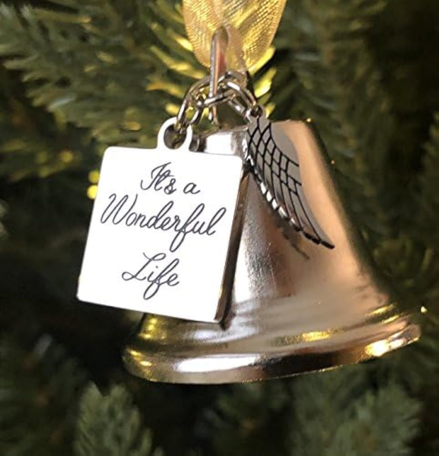 It’s a Wonderful Life Inspired Christmas Angel Bell Ornament with Stainless Steel Angel Wing Charm. New Larger Size and Now Comes with 2 Interchangeable Ribbons. (Stainless Steel)