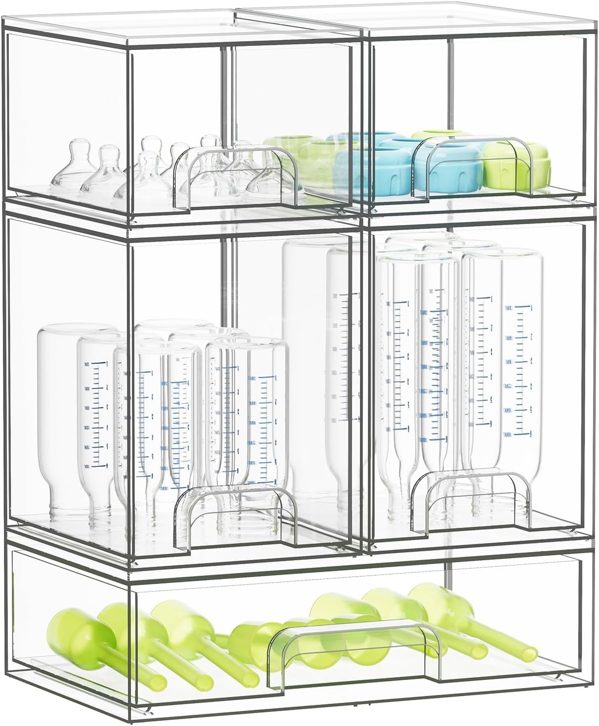 SpaceAid Bottle Storage Organizer Baby – Acrylic Bottles Station Organizer Container, Stackable Clear Drawers for Countertop, Vanity, Bathroom, Cabinet, Pantry Organization, 5 Pack, 2S2M1L, 15.4″H