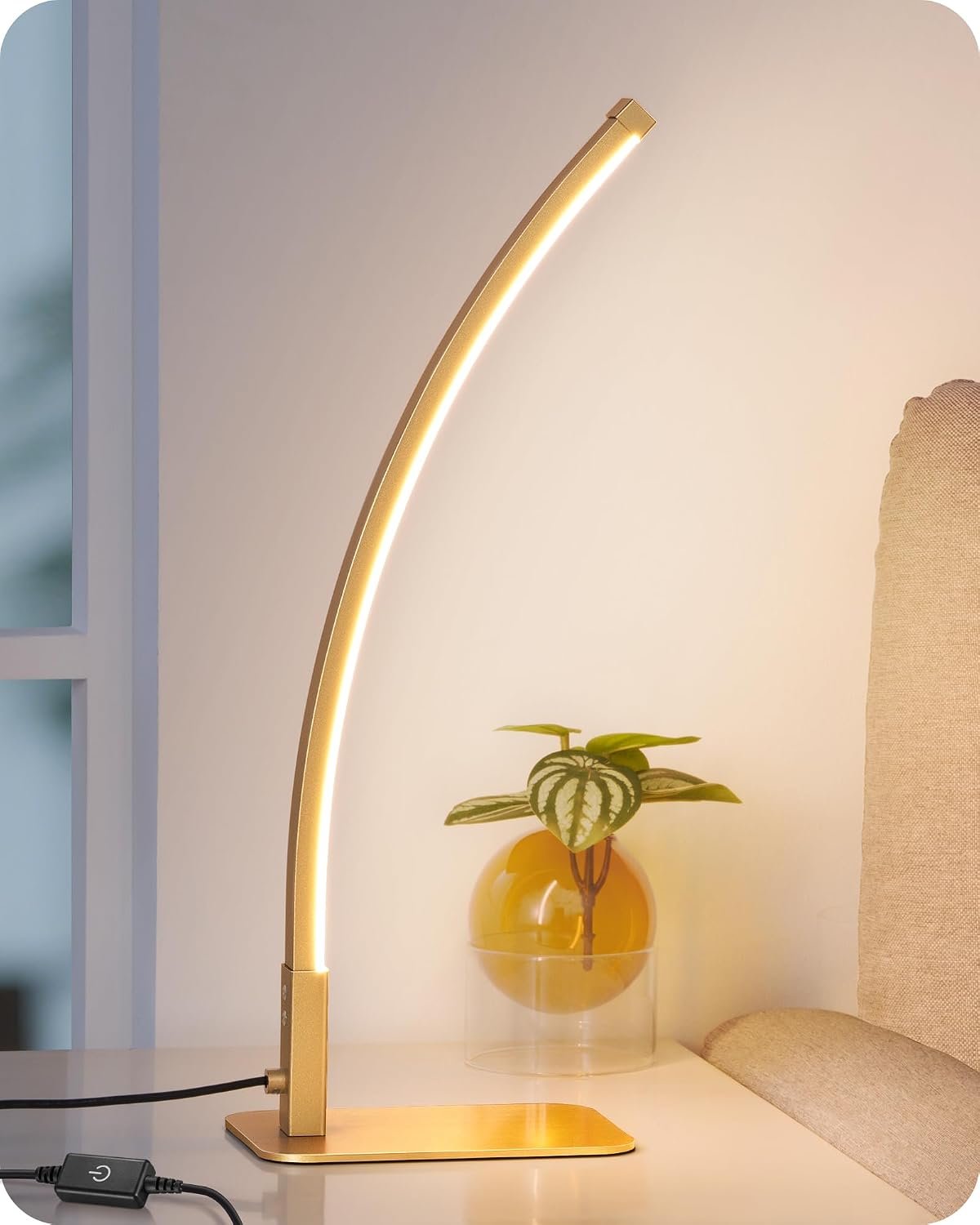 EDISHINE Curved LED Table Lamp, Modern Bedside Lamp with 3 Color Temperature & Stepless Dimming, Aluminum & Iron, Nightstand Lamp for Bedroom, Living Room, Gold
