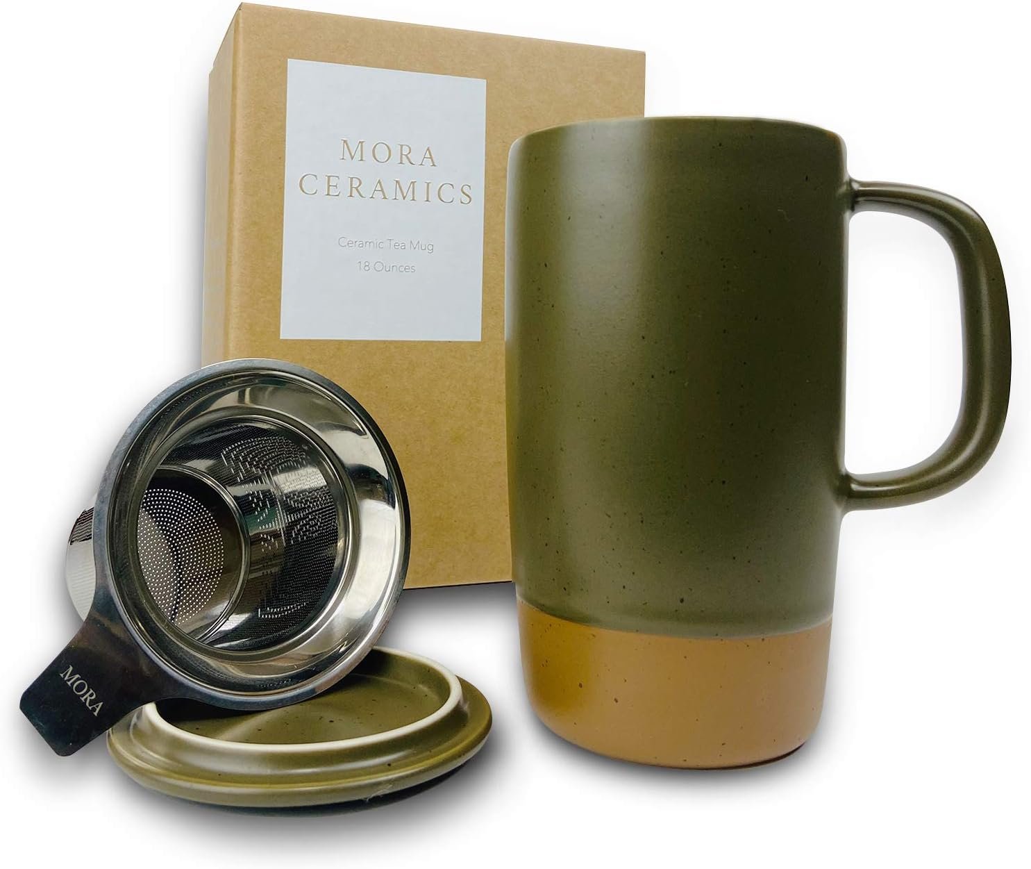 Mora Ceramics Large Tea Mug with Loose Leaf Infuser and Ceramic Lid, 18 oz, Portable, Microwave and Dishwasher Safe, Tall Coffee Cup – Rustic Matte Ceramic Glaze, Modern Herbal Tea Strainer, Olive