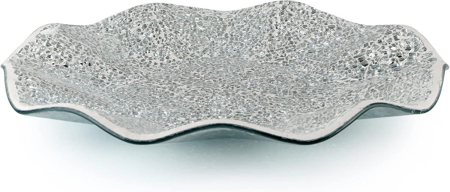 MDLUU Mosaic Centerpiece Tray, 11.6″ Decorative Glass Plate, Home Decor Glass Bowl for Dining Room Table, Coffee Table, Gift (Silver)