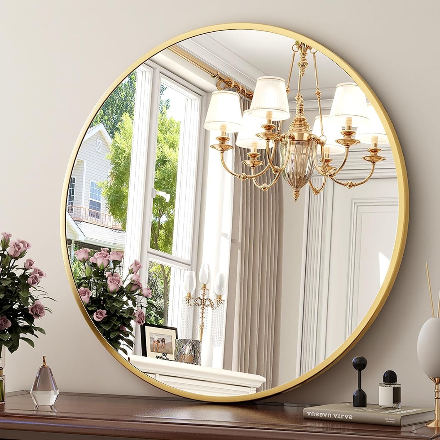 XRAMFY 30 Inch Round Mirror – Circle Mirrors for Bathroom, Entryway and Living Room Wall Decor, Modern Hanging Vanity Mirror, Matte Gold Circle Decorative Wall Mirror
