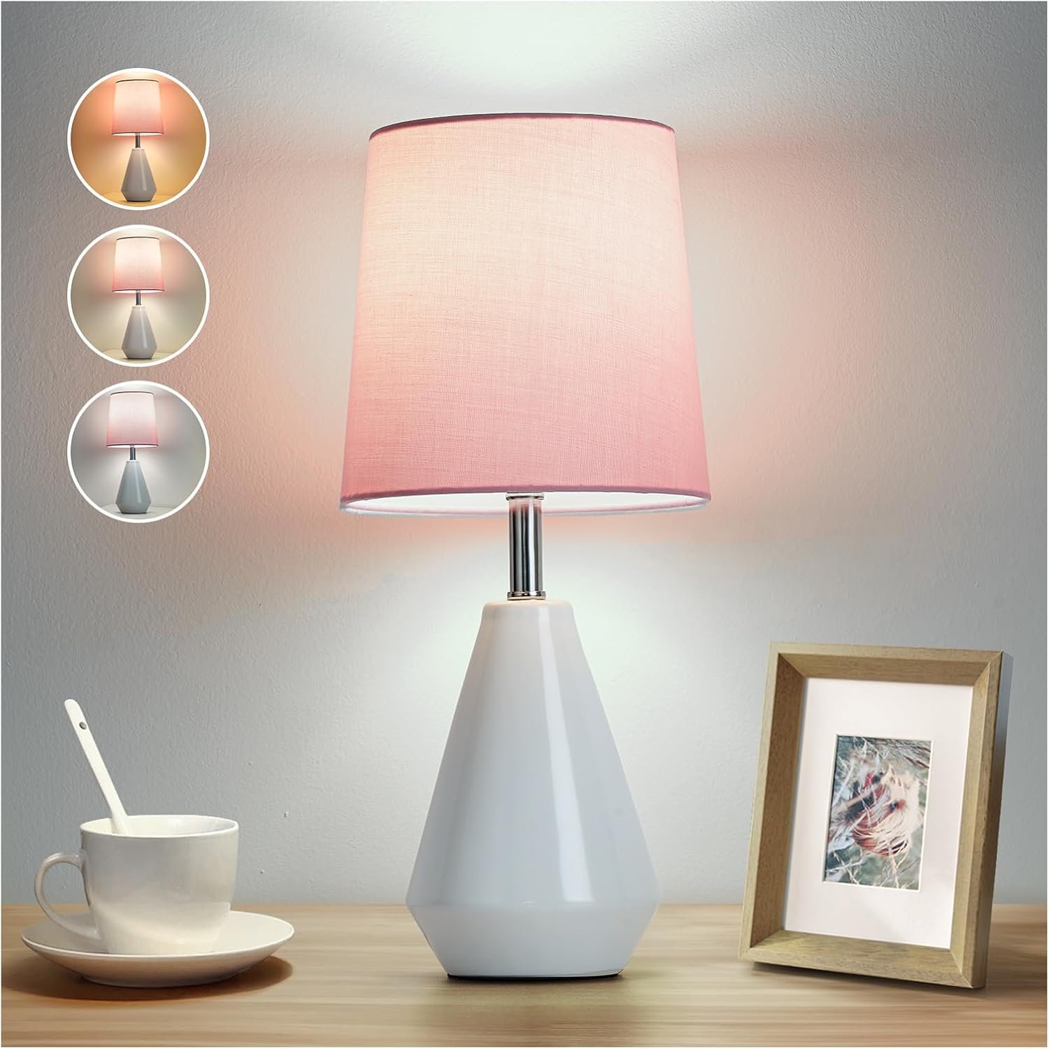 Small Bedside Table Lamp for Bedroom – Reading Desk Lamp with 3 Color Temperatures，15.5″ Nightstand Ceramic Lamp with Fabric Shade for Kids Room,Living Room,Dorm,Home Office (White+Pink