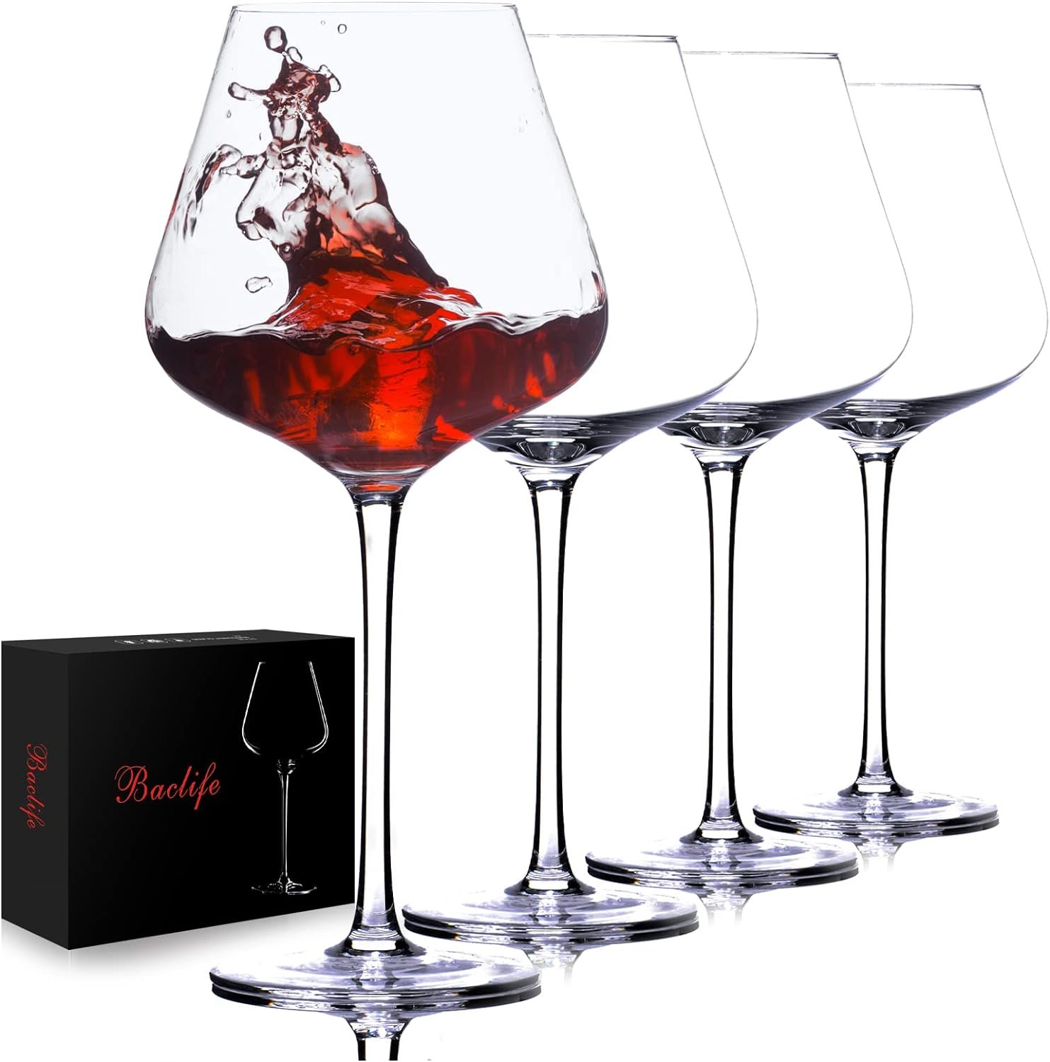 BACLIFE Hand Blown Red Wine Glasses Set of 4 – 23 oz Burgundy Wine Glasses With Long Stem – Large Premium Crystal Wine Glass – Unique Gift for Wedding, Anniversary, Father’s Day – Clear