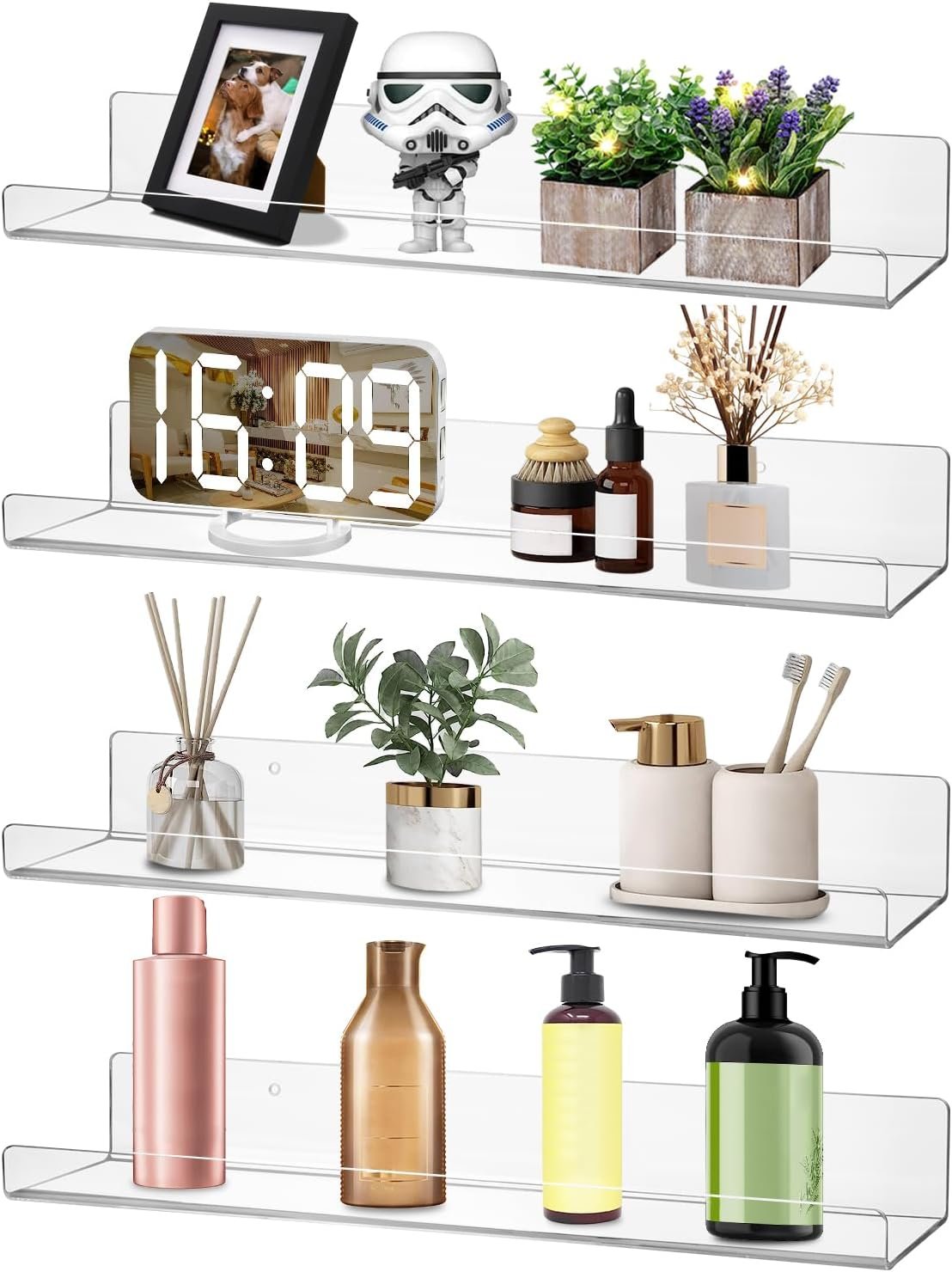 Dezzer 4 Pack Acrylic Shelves for Wall, 15″ Clear Acrylic Floating Shelves for Bathroom Bedroom, Invisible Bookshelf Wall Ledge Storage Shelf Books Perfume Toys Action Figure Display Shelves