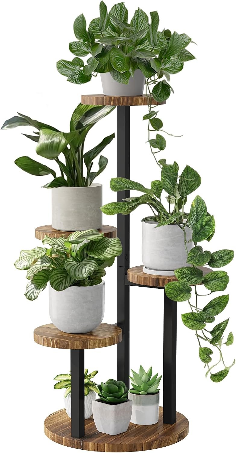 Bamworld 4 Tier Plant Stand Indoor Wood Plant Stand with Metal Frame Plant Table for Multiple Plants Tiered Plant Stands for Living Room Balcony Patio Bedroom Corner Plant Shelf Display Industrial-Style Modern Plant Stand Brown