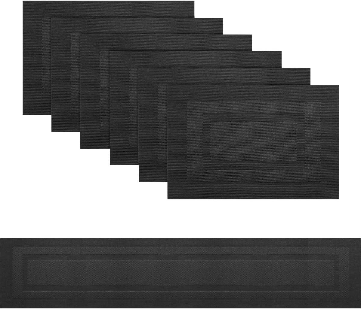 PIGCHCY Placemats with Matching Table Runner,Heat Resistant Vinyl Woven Washable Table mats Sets (6 Placemats+1 Table Runner, Pure Black)