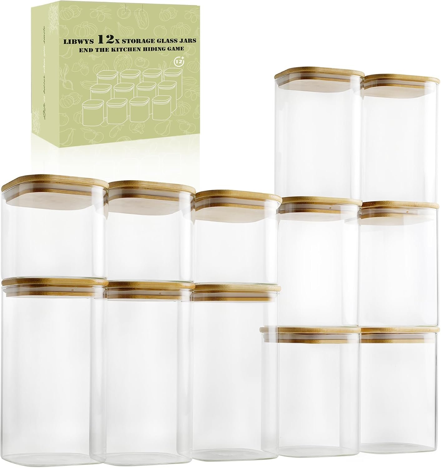 LIBWYS 12-Pack Glass Pantry Storage Containers with Bamboo Lids (0.76Qt/1.22Qt/1.67Qt) – Stackable Square Food Jars for Pantry Organization, Coffee, Flour, Snacks, Tea | Kitchen Canisters Set