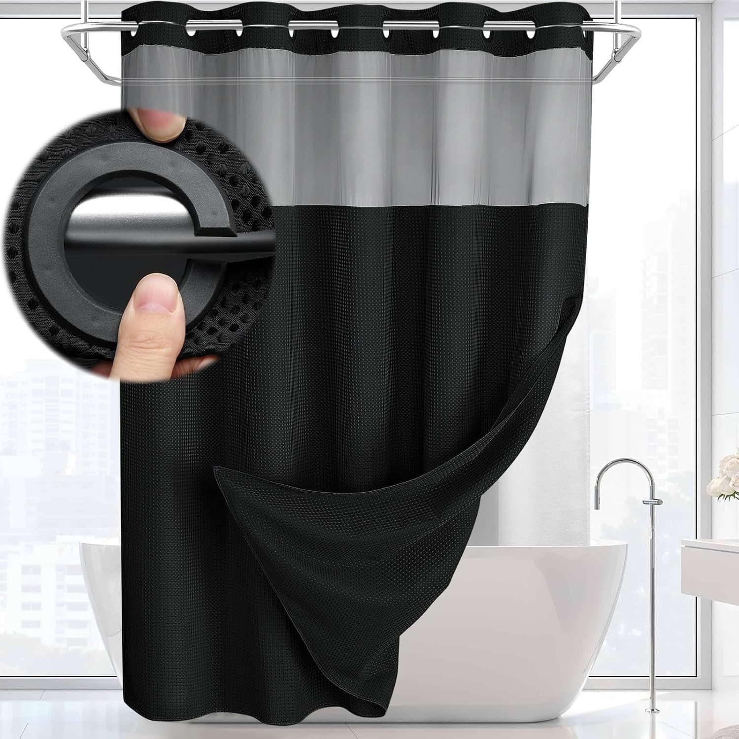 No Hook Shower Curtain and Liner Set,Black Hotel Waffle Shower Curtain with Liner 75″ L x 72″ W