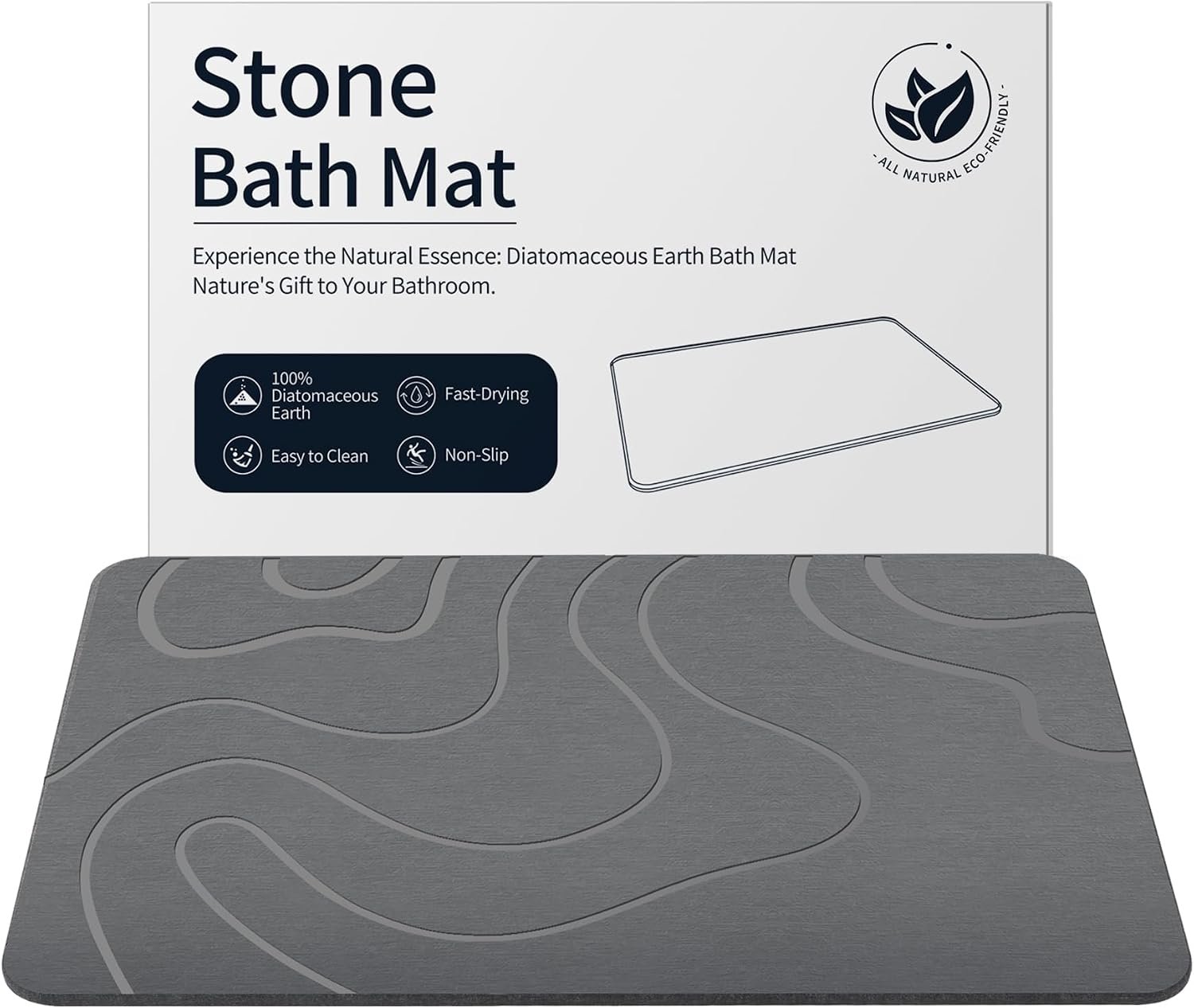 ZIKIBL Stone Bath Mat Diatomaceous Earth Shower Mat Non-Slip Super Absorbent Diatomite Stone Mats for Bathroom Floor Quick-Drying Easy to Clean (24”*16” Grey)