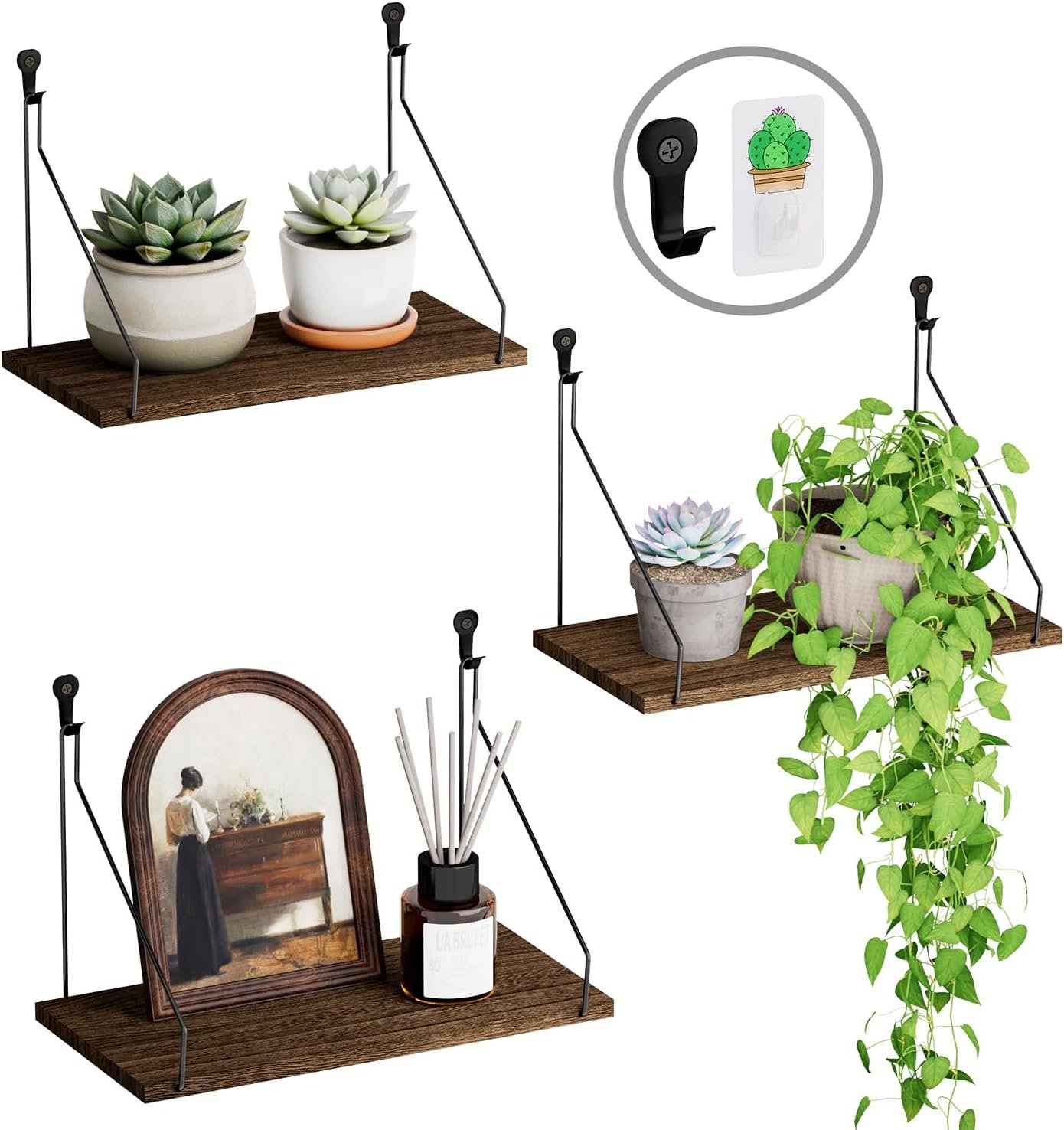 QsQueen Elevate Your Space with Rustic Wood Floating Shelves Set of 3- Perfect for Bedroom, Living Room, Bathroom, and Kitchen Decor – Easy Installation, No Drilling Needed! Brown