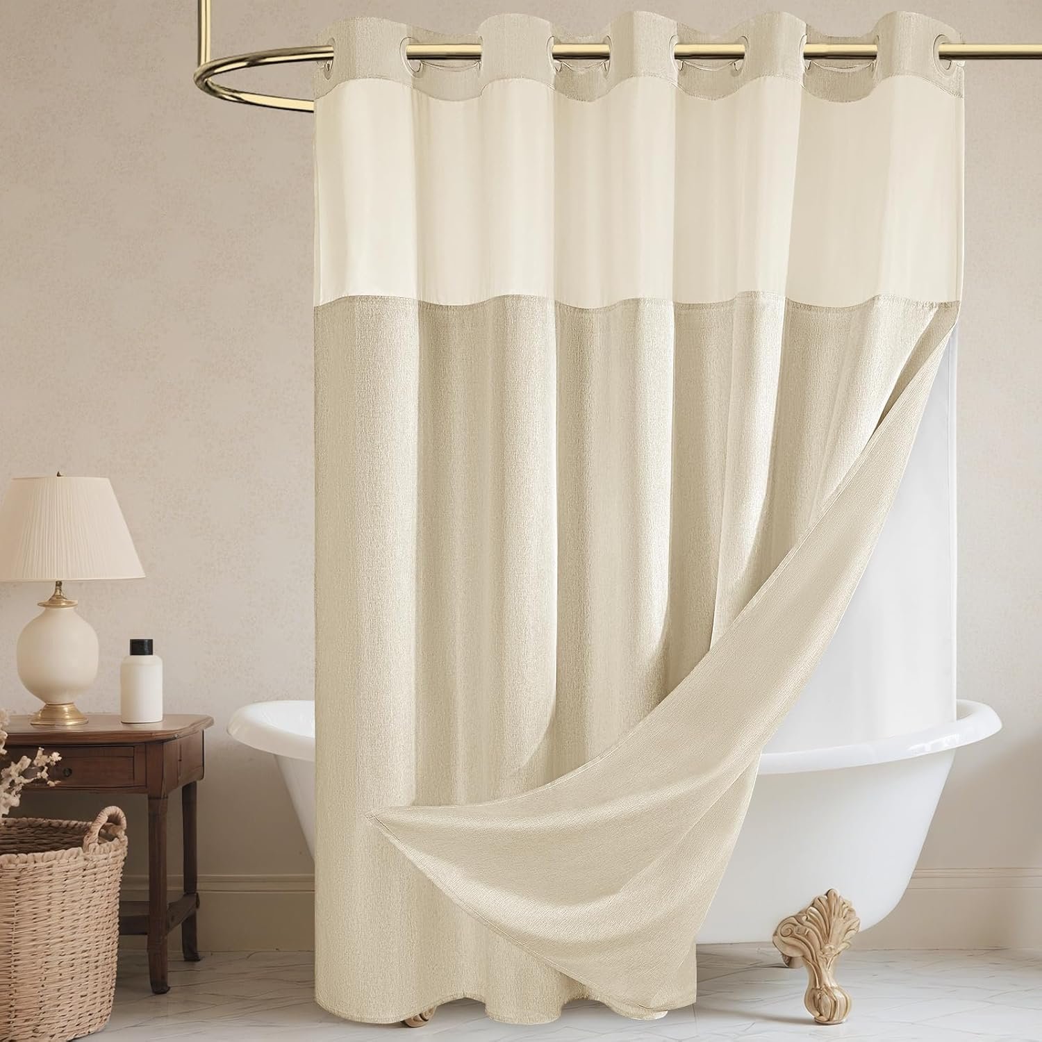 WONICY No Hook Shower Curtain and Liner, Linen-Look Polyester Textured Shower Curtain with Snap in Liner, Waterproof & Washable Bath Curtains for Bathroom, 71Wx74H – Beige/Cream