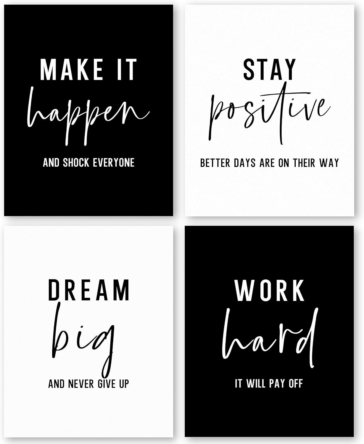 QLMX Office Inspirational Wall Art Prints Set of 4, Motivational Postive Prints Wall Decor for Office Women Men, Positive Affirmations Quotes Poster for Home 8”x10” Unframed