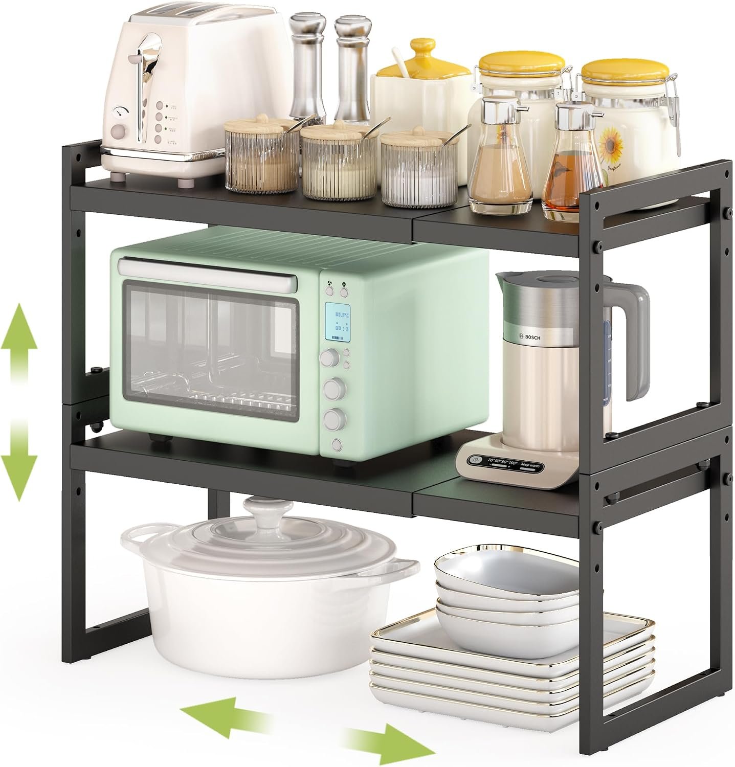 DOLALIKE Expandable Kitchen Countertop Organizer, Stackable Cabinet Shelf Organizers, Space Saving Spice Rack Pantry Storage for Bathroom Office Organization (Black, 2 Pack) | Space Saving Metal Pantry Storage Racks for Kitchen Spice Rack Pans and Untensils Bathroom Office Organization, 2-Tier