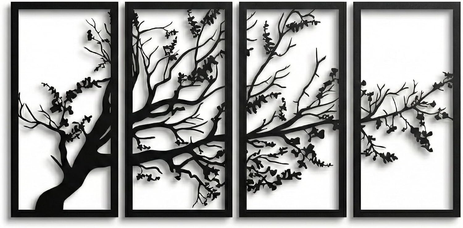 DEKADRON Metal Wall Art, Tree of Life 4 Panels, Tree Sign, Metal Wall Decor, Interior Decoration, Housewarming Gift, 4 Pieces Wall Hangings (40″ W x 20″ H / 100×50 cm)