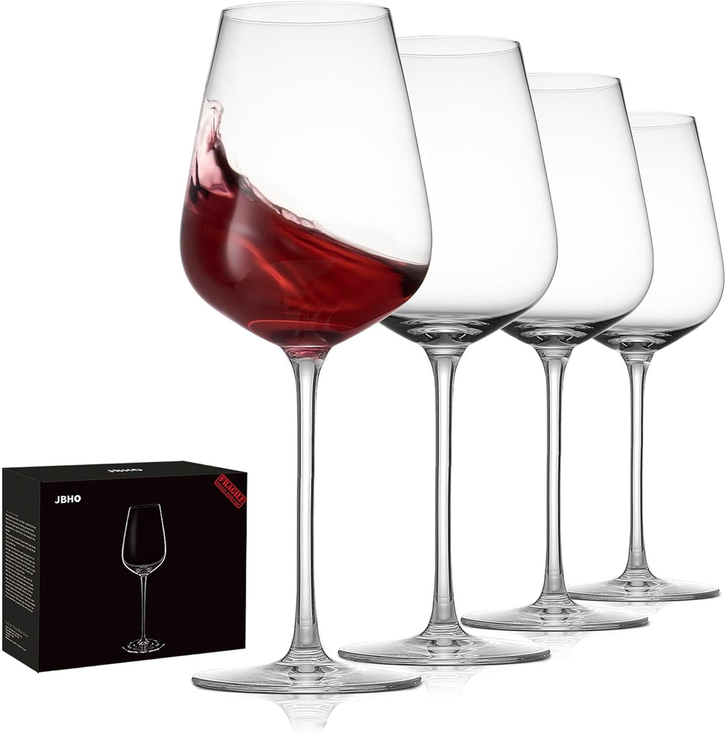 JBHO Hand Blown Italian Style Crystal Bordeaux Wine Glasses – Great Gift Packaging – Red Wine Glasses Lead-Free Premium Crystal Clear Glass – Set of 4-18 Ounce