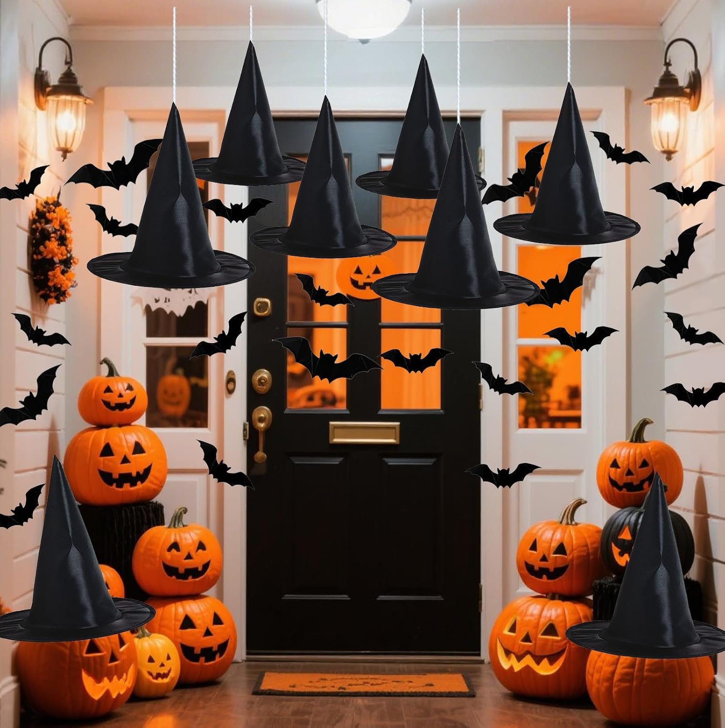 H-Style Halloween Decorations Outdoor Indoor – 8PCS Witch Hats & 32PCS 3D Bats Decoration, Witch Hat, Witches Hat, Halloween Decor for Party Favors, Party Supplies, Porch Decor