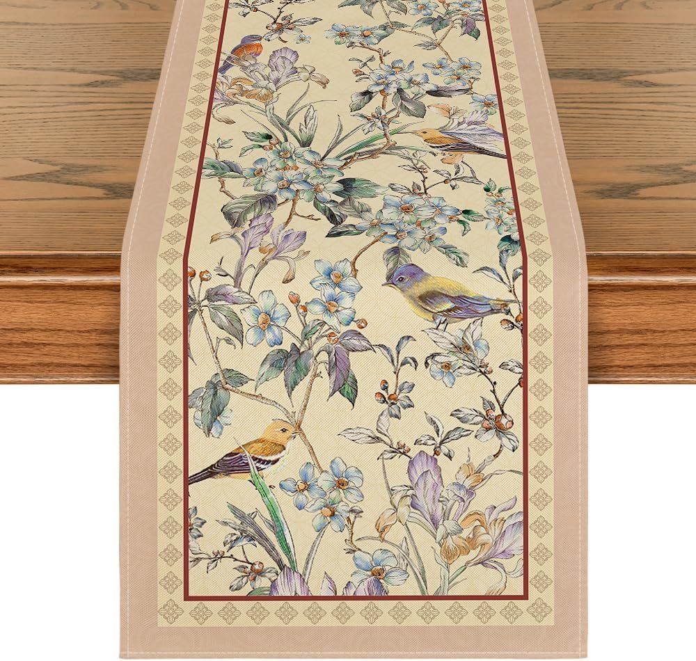 Artoid Mode Beige Birds Floral Blossom Table Runner, Seasonal Flowers Spring Kitchen Dining Table Decoration for Home Party Decor 13×72 Inch