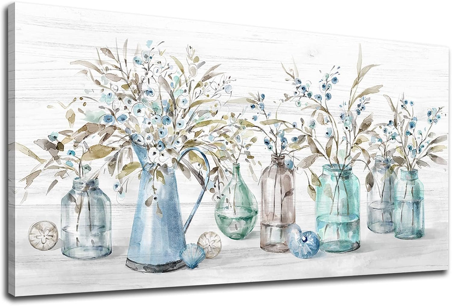 Yearainn Flowers Canvas Wall Art – Indigo Floral in Jar – Botanical Flower Bottle Canvas Artwork – 20″ X 40″ – Living Room, Bedroom, Office Wall Decor