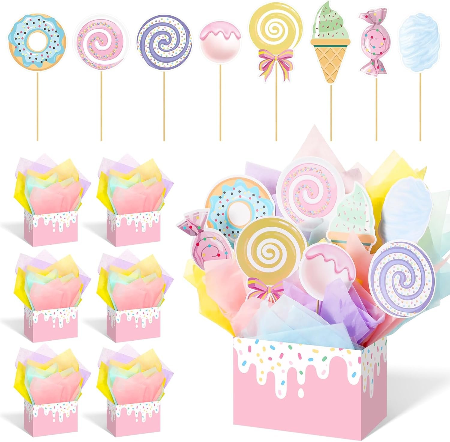 AceOrbit 54 Pcs Pastel Candy Themed Party Centerpieces Decorations Lollipops Ice Cream Macarons Cutouts with Paper Box Pastel Tissue Paper for Candy Land Party Birthday Decor