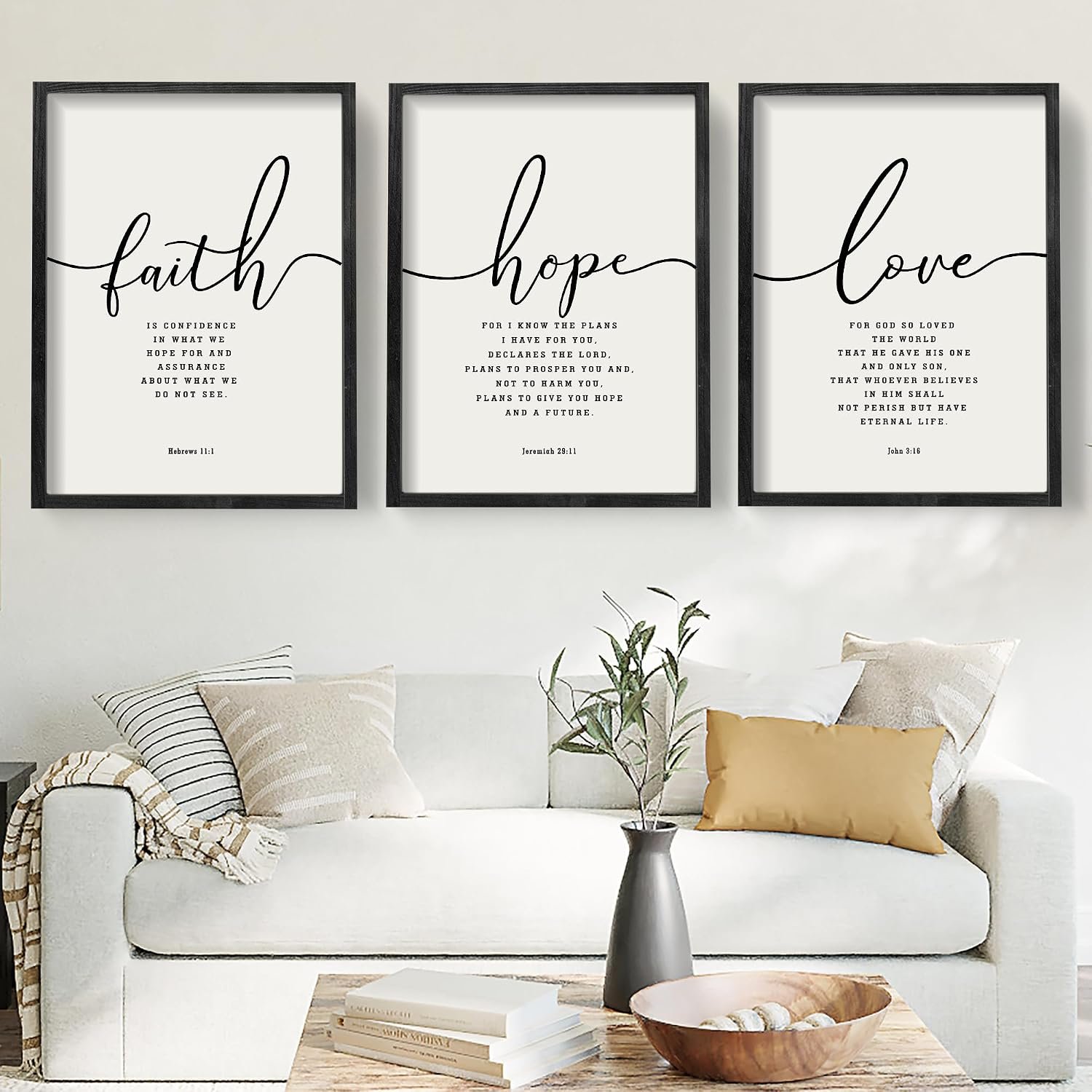 Houmury Set of 3 Framed Farmhouse Bible Verses Wall Decor Sign 11”x14” Christian Faith Scripture Wall Art for Home Living Room Bedroom Wall Decor (11″x14″ Black)