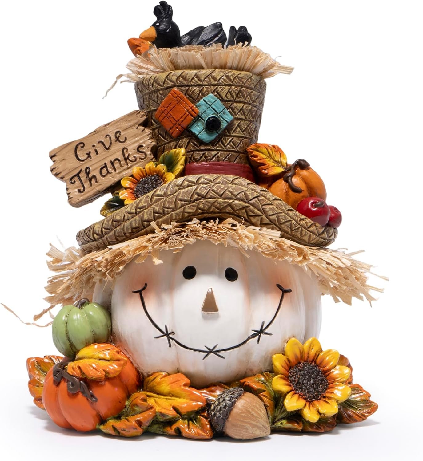 Hodao Thanksgiving Pumpkin Decorations, Resin Fall Autumn Figurine with Straw Hat, Birds, Acorns & Sunflowers, Give Thanks Sign, Festive Gift for Home Tabletop Mantel Thanksgiving Decorations (White)