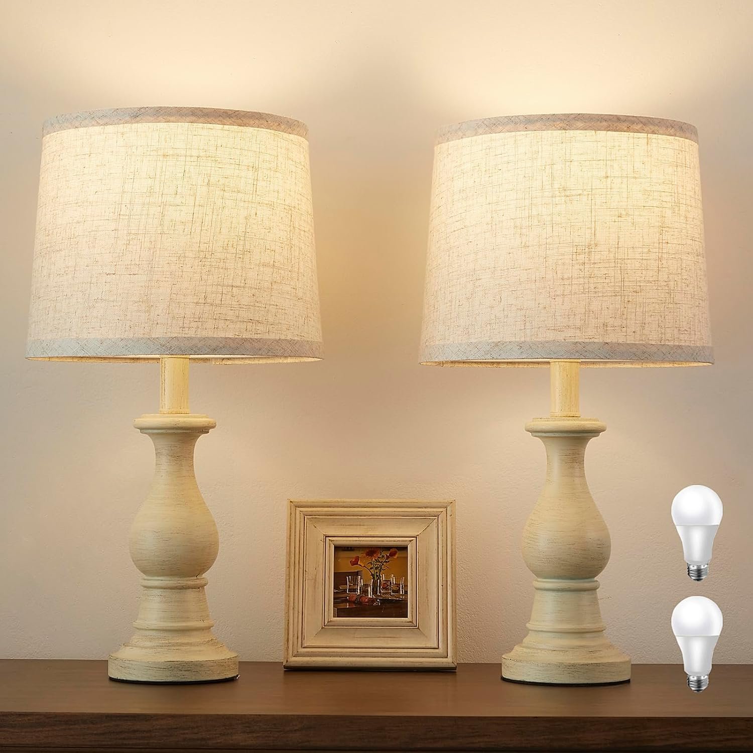 Vintage Table Lamp for Living Room Bedroom, 18.5″ Farmhouse Bedside Lamps Nightstand Lamp Set of 2, Table Lamps with Oatmeal Linen Lamp Shades, 2 LED Bulbs Included, Beige
