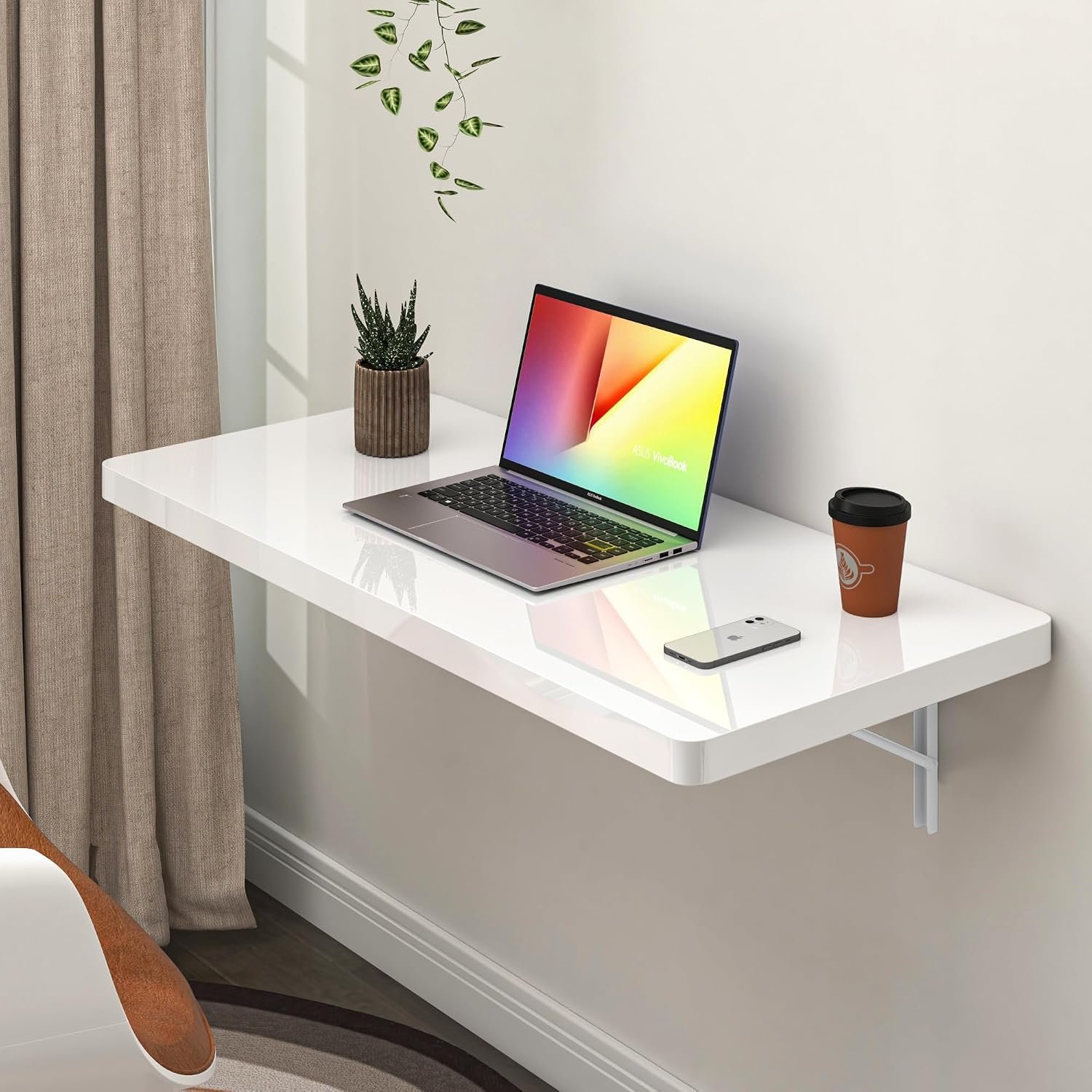 Clikuutory Wall Mounted High Gloss Folding Table, Wall Desk Fold Down for Small Spaces, Folding Workbench for Laundry Room, Home Office, Kitchen, Bedroom, Home Bar, White (31.5″×15.7″)