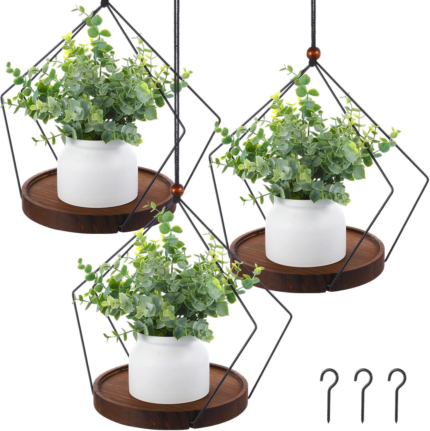 Threehoney 3 Pack Hanging Planters for Indoor Black Plant Hanger with Round Wood Base Large Indoor Hanging Plant Shelf Boho Holder Gift for Mom,housewarming (7.9 ”,Rhombus)