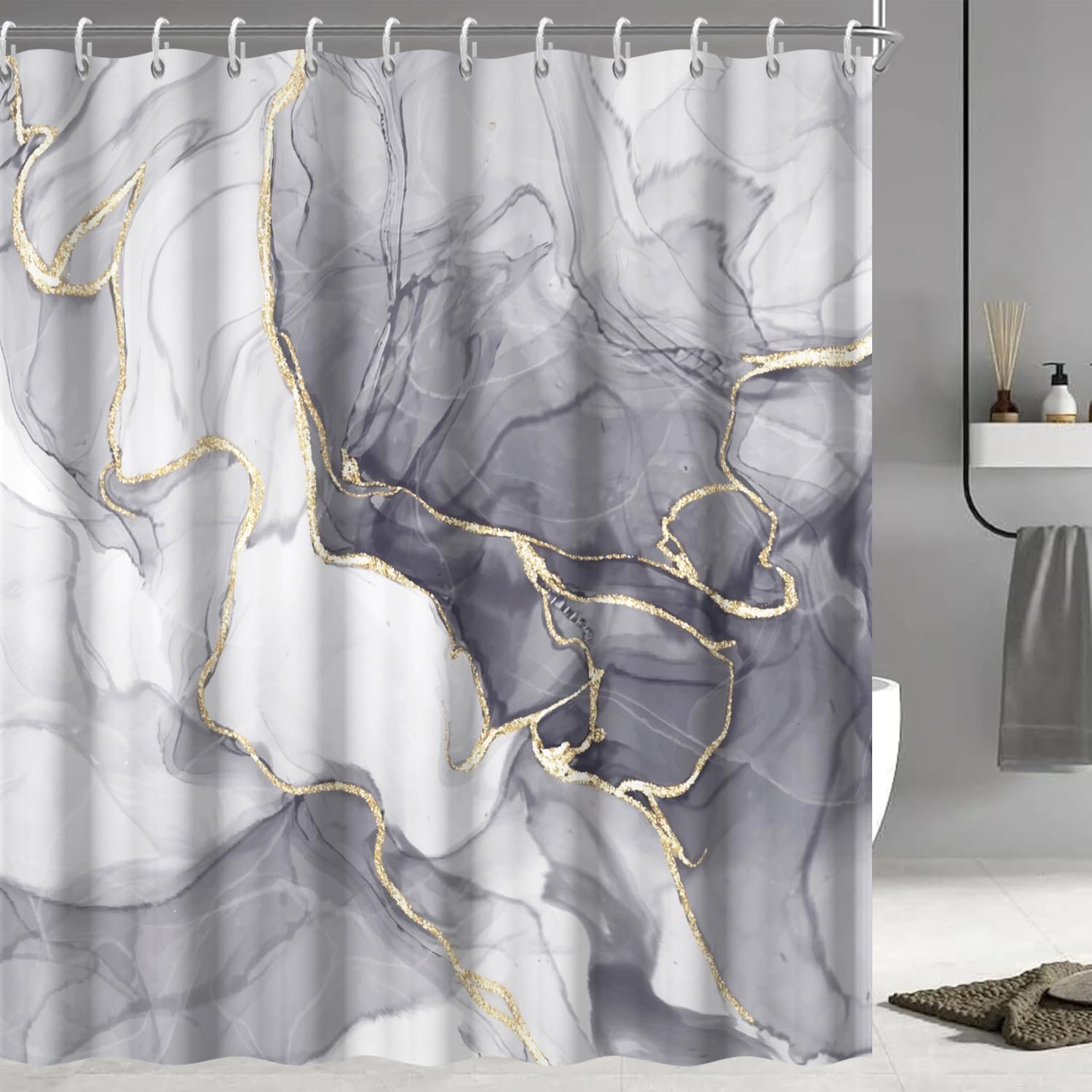 Grey Shower Curtain, Ombre Light Grey Marble Shower Curtain Set Modern Aesthetic Gray Ink Texture Waterproof Bathroom Curtain with Hooks, 72×72 Inch
