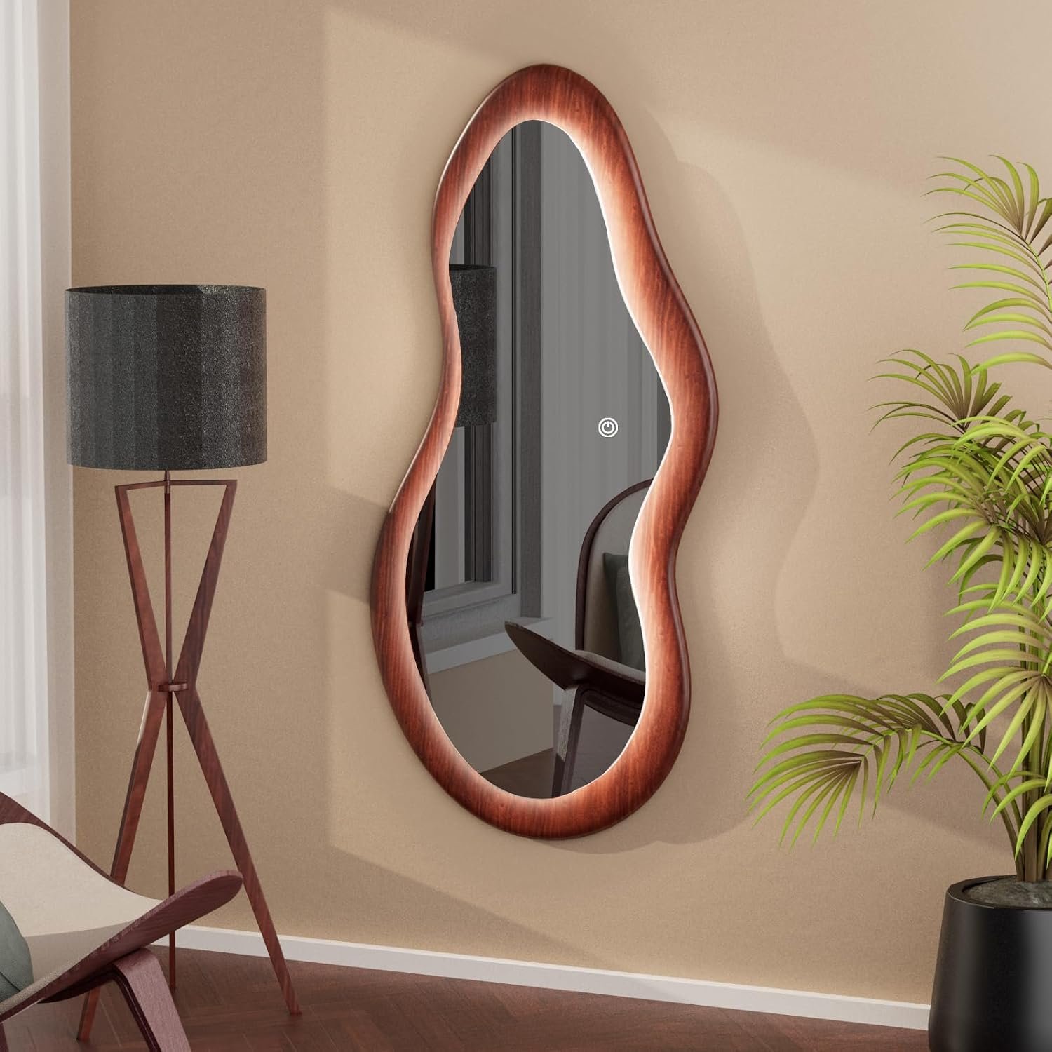 48″x 24″ LED Wood Full Length Mirror with Lights Irregular Wavy Full Body Mirror Shatter-Proof Hanging/Leaning Wall Mounted Walnut Wooden Framed for Dressing Bedroom Living Room