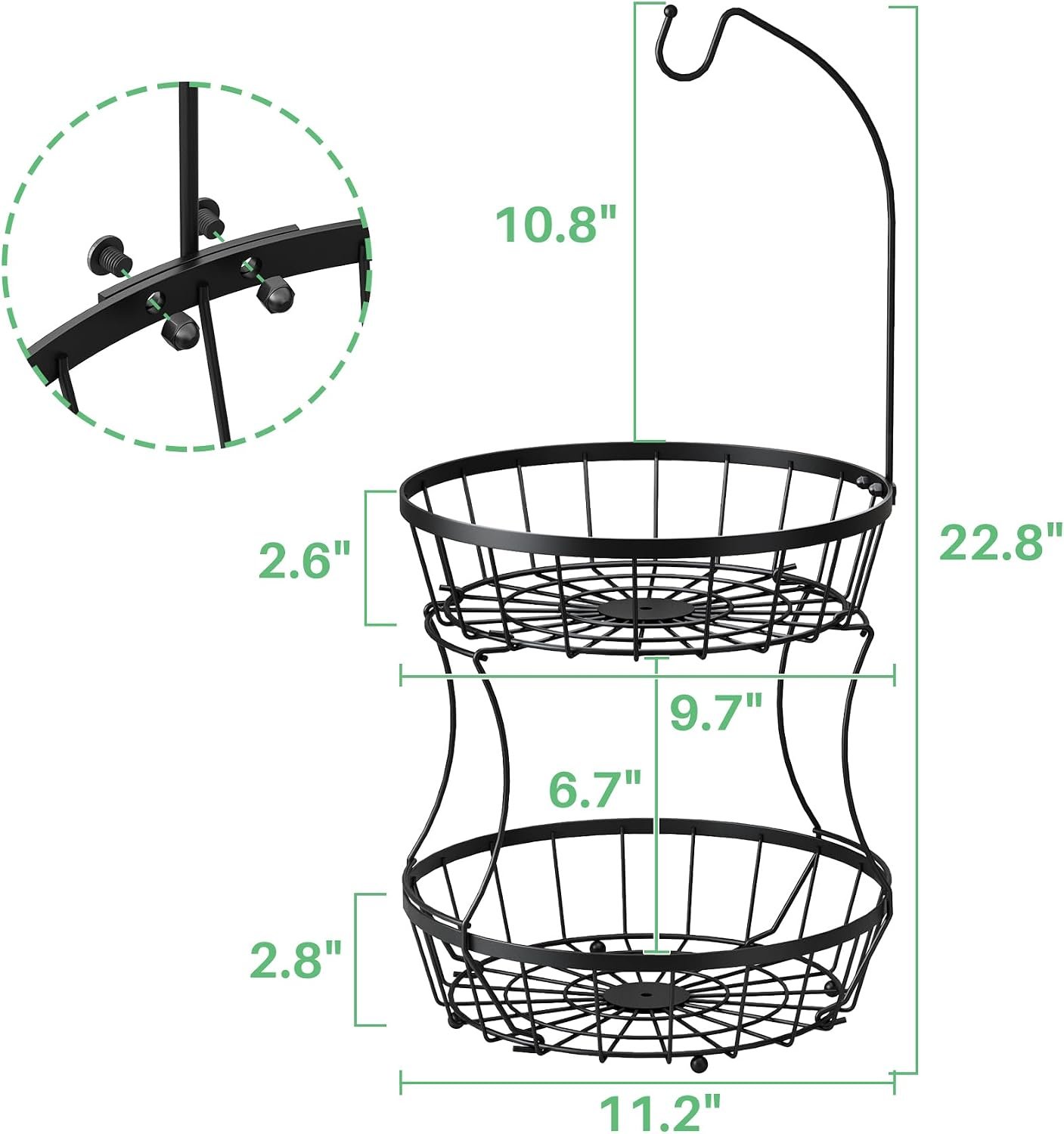 SAYZH 2-Tier Fruit Basket Bowl Stackable Vegetable Storage with Banana Tree Hanger Stand for Kitchen Countertop, Metal Wire Basket for Bread Onions Potatoes Black