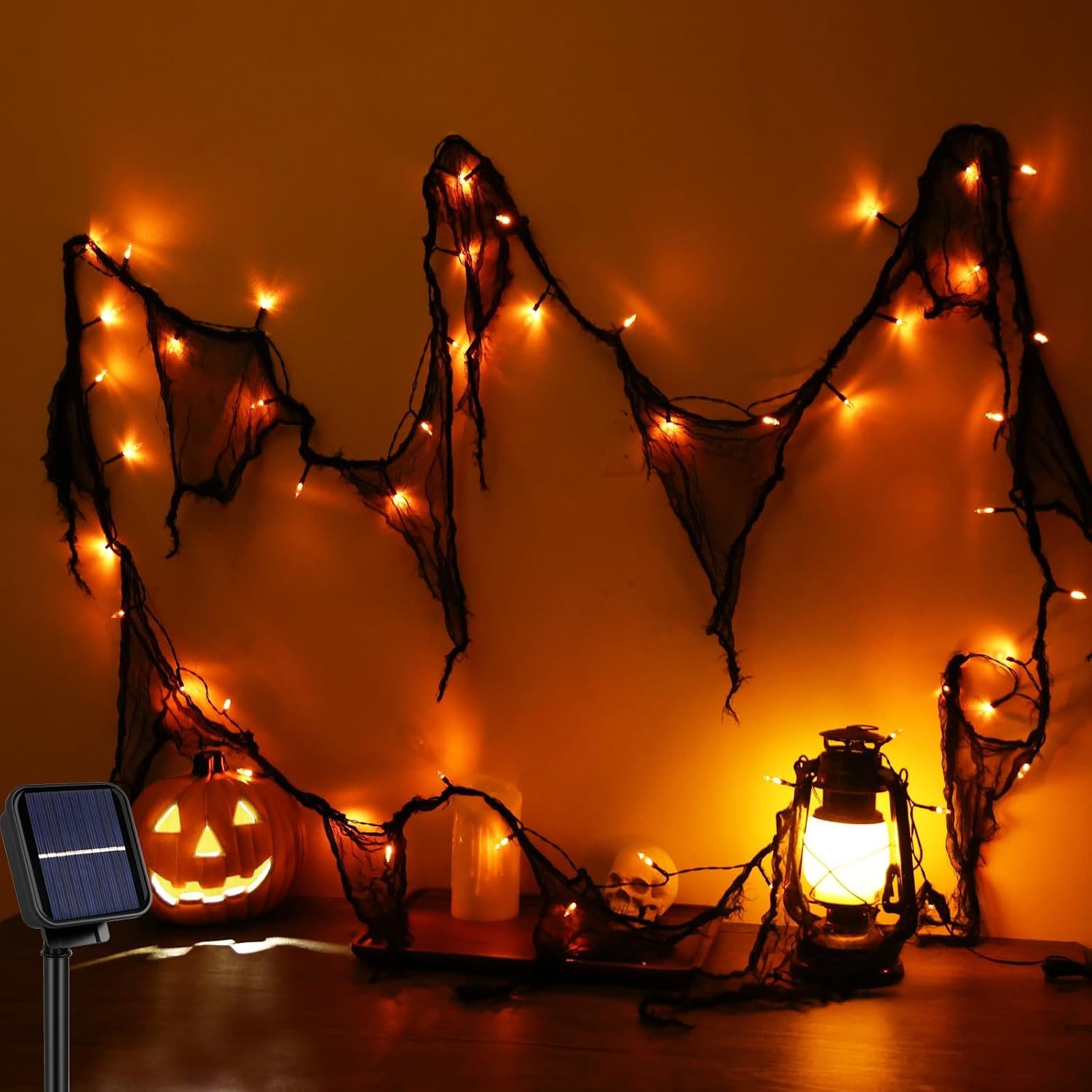 Halloween String Lights Outdoor with Black Creepy Cloth Solar Power Orange | 16.4FT 50 LEDs for Porch Yard Garage Door Haunted House Scary Spooky Decor