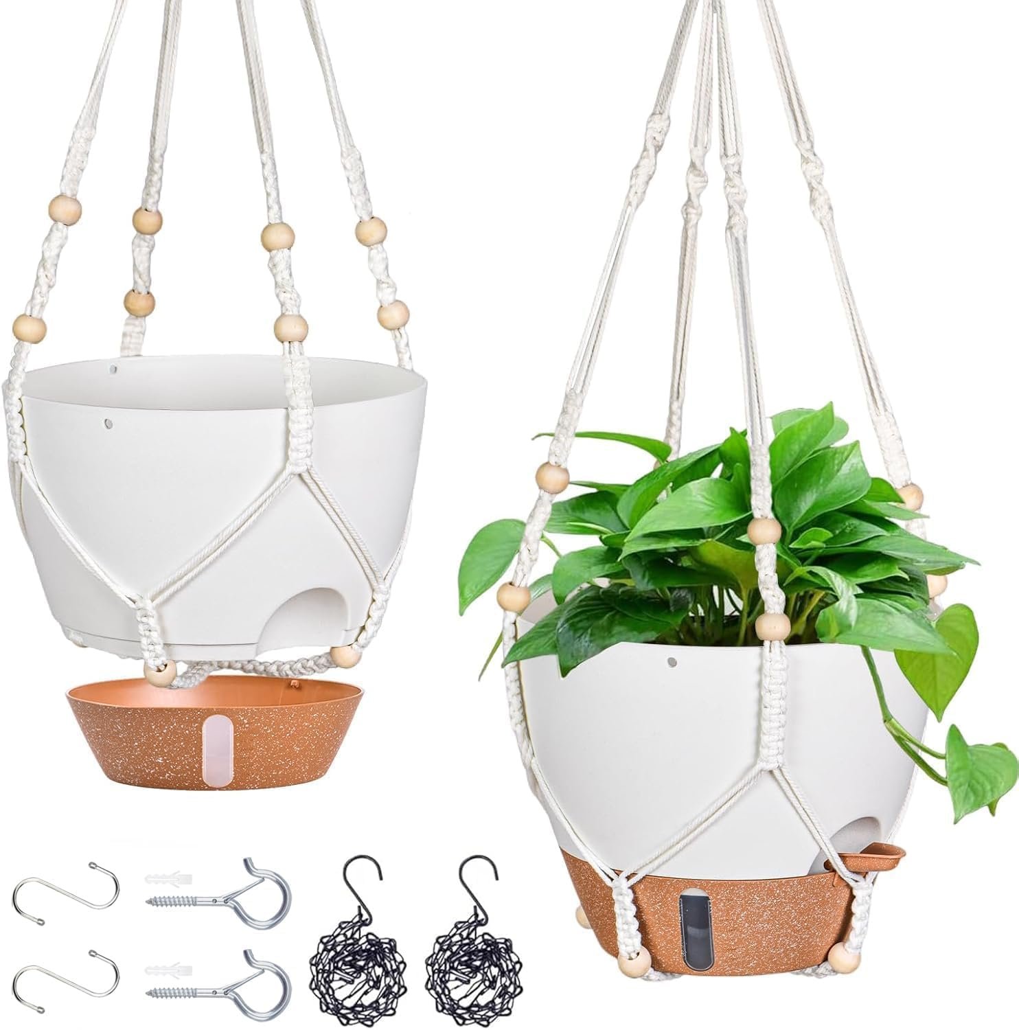 10 Inch Self Watering Hanging Planters, 2 Pack, Visible Water Window | Drainage Holes, Cotton-wick Reservoir, Metal Chain & Macrame Plant Hangers for Indoor & Outdoor Plants