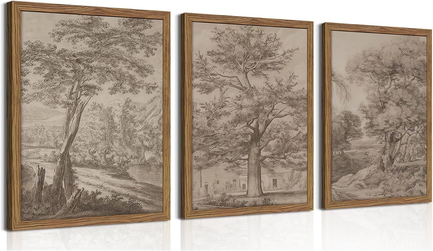 Vintage Landscape Framed Wall Art Set of 3, Neutral Nature Wabi Sabi Canvas Wall Decor Painting, Rustic Retro Botanical Tree Artwork Prints Pictures for Farmhouse Living Room Bedroom 12×16 Inch