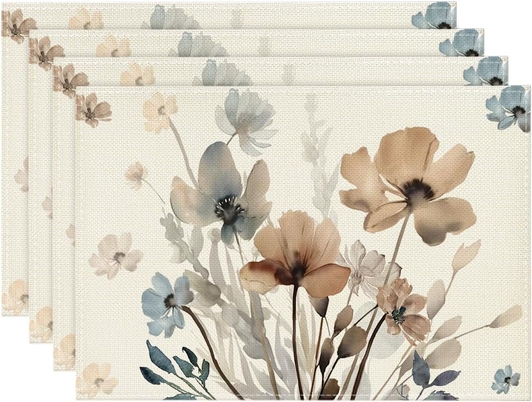 Artoid Mode Brown Poppy Floral Leaves Fall Placemats Set of 4, 12×18 Inch Seasonal Spring Table Mats for Party Kitchen Dining Decoration