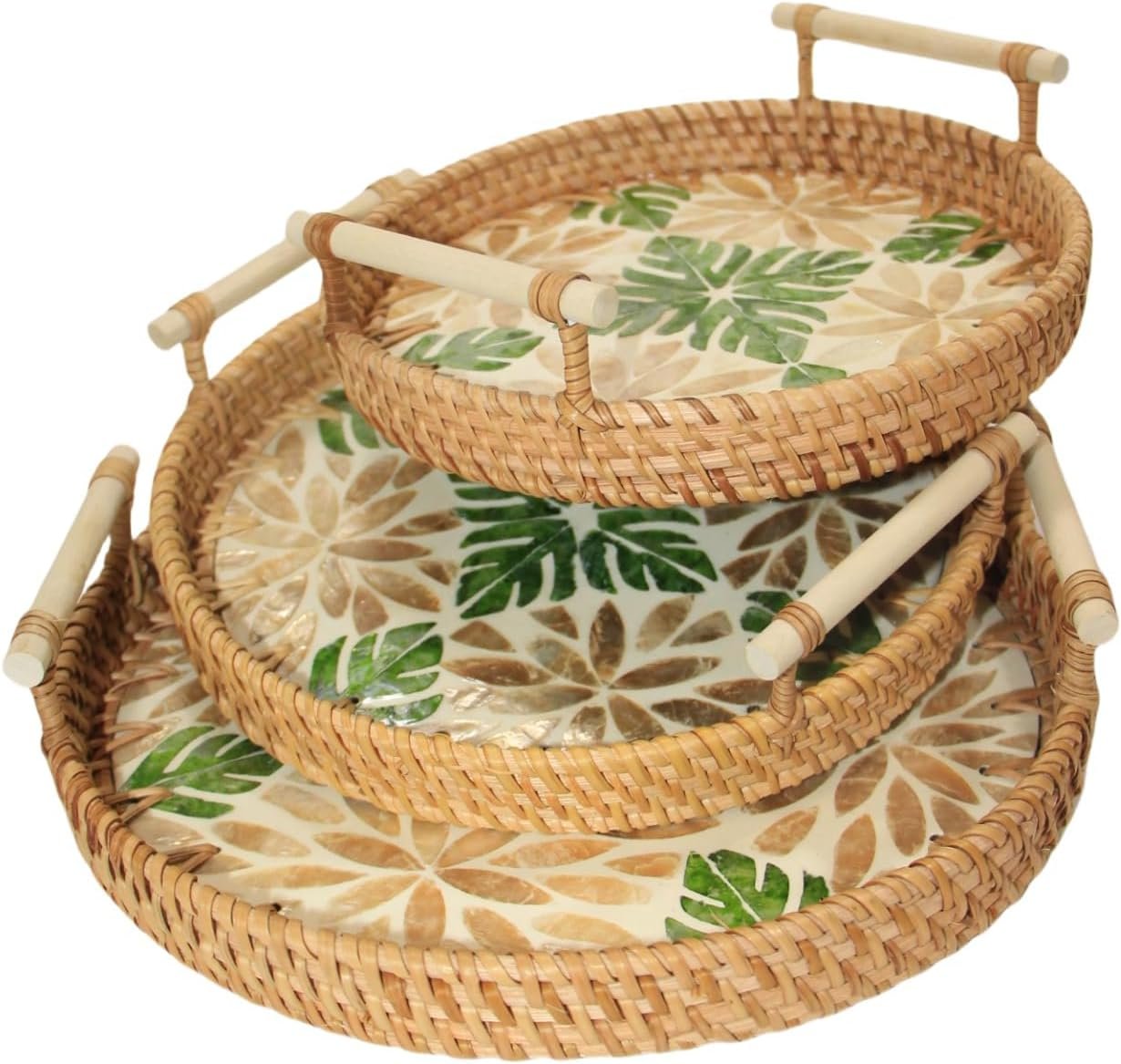 Set of 3 Handwoven Rattan Serving Trays, Handmade Wicker Decorative Trays, Boho Storage Trays for Coffee Table, Bathroom Vanity, Bedroom Dresser, Organizer for Perfume, Jewelry, Snacks & Home Decor