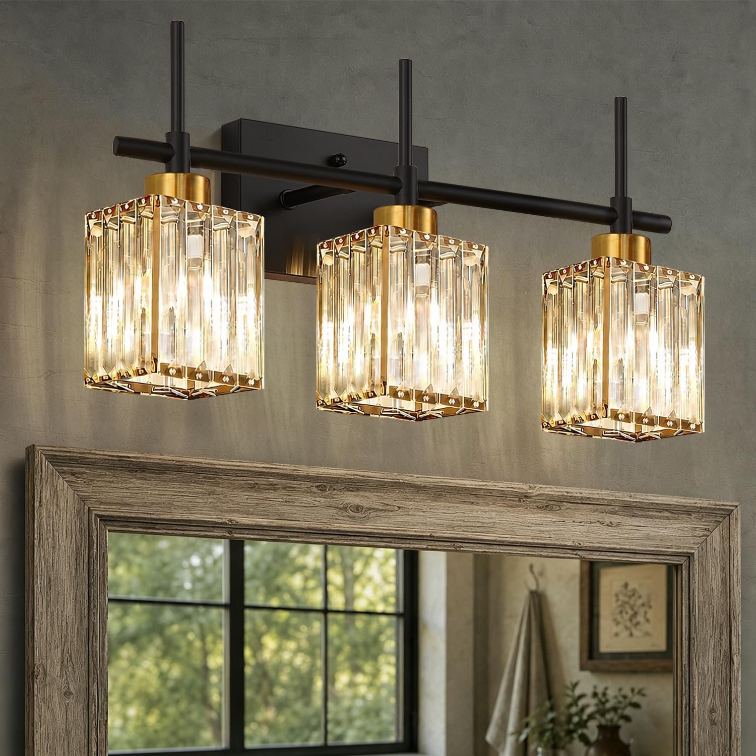 Torondo Modern Crystal 3-Light Vanity Lights for Bathroom Gold Bathroom Lights Over Mirror Black and Gold Vanity Lighting Fixtures Square Shade Brass Wall Sconce (Bulbs Not Include)